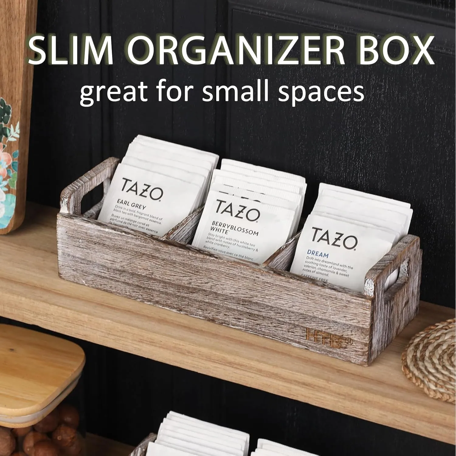 Slim Tea Bag Organizer by HTB, 3 Compartments Tea Box Wooden with Handle for Small Space, Antique-White Wood Tea Organizer for Tea Bags Lightweight Paulownia Wood