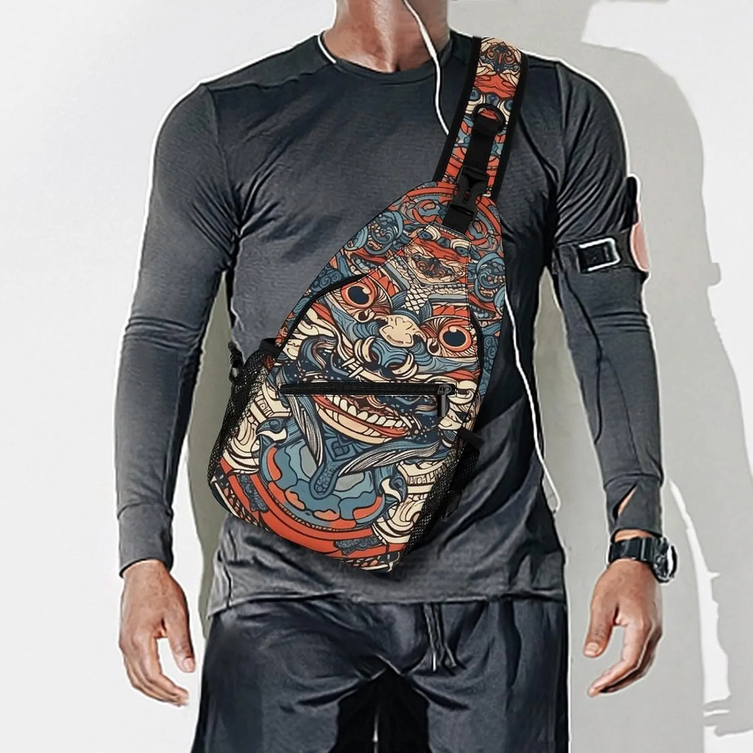 Sling Backpack Crossbody for Man Woman Asian Style Pattern Cross Body Adjustable Chest Bag