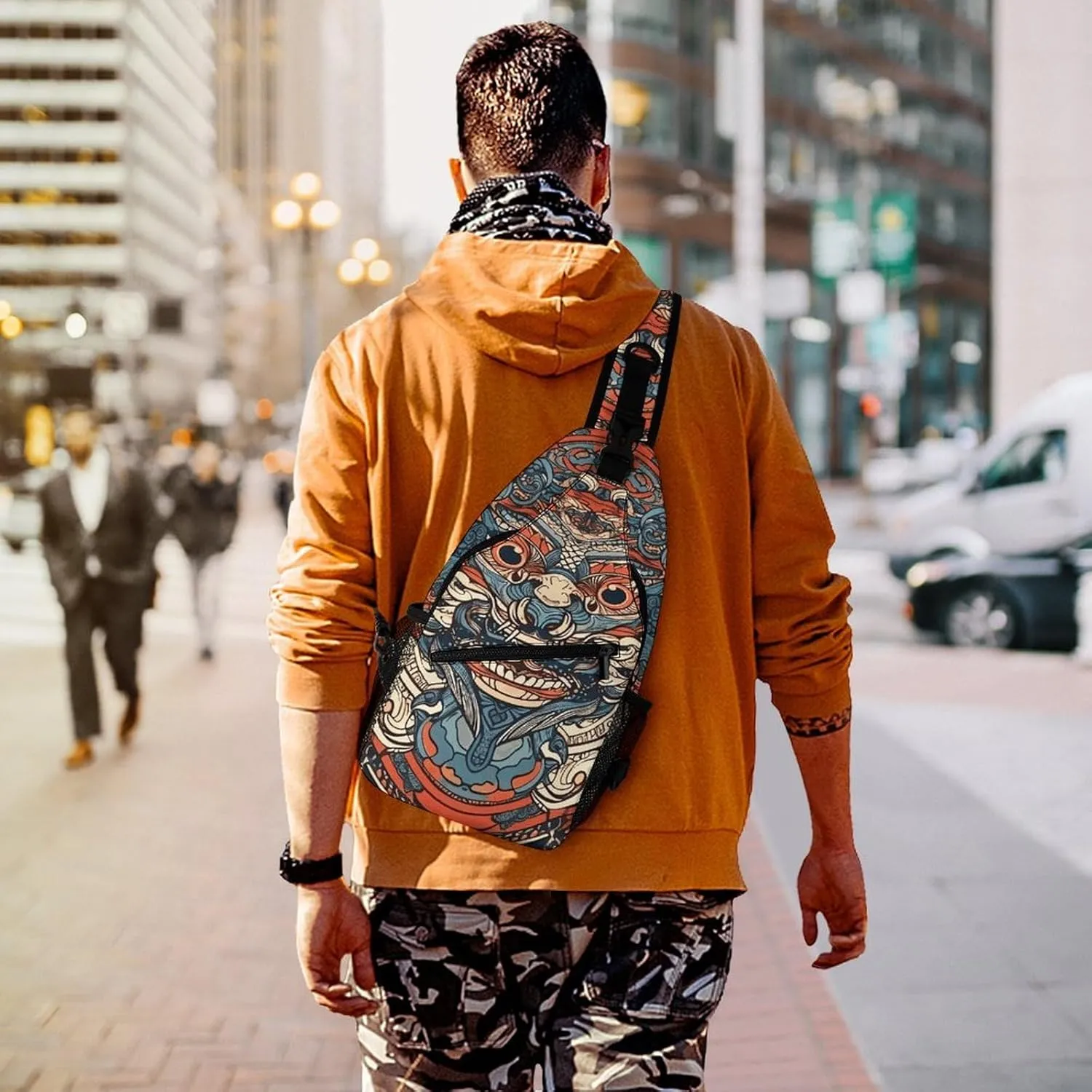 Sling Backpack Crossbody for Man Woman Asian Style Pattern Cross Body Adjustable Chest Bag