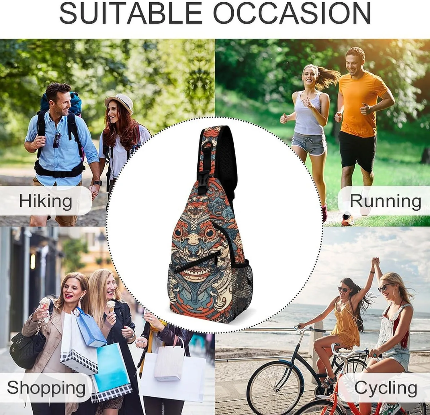 Sling Backpack Crossbody for Man Woman Asian Style Pattern Cross Body Adjustable Chest Bag