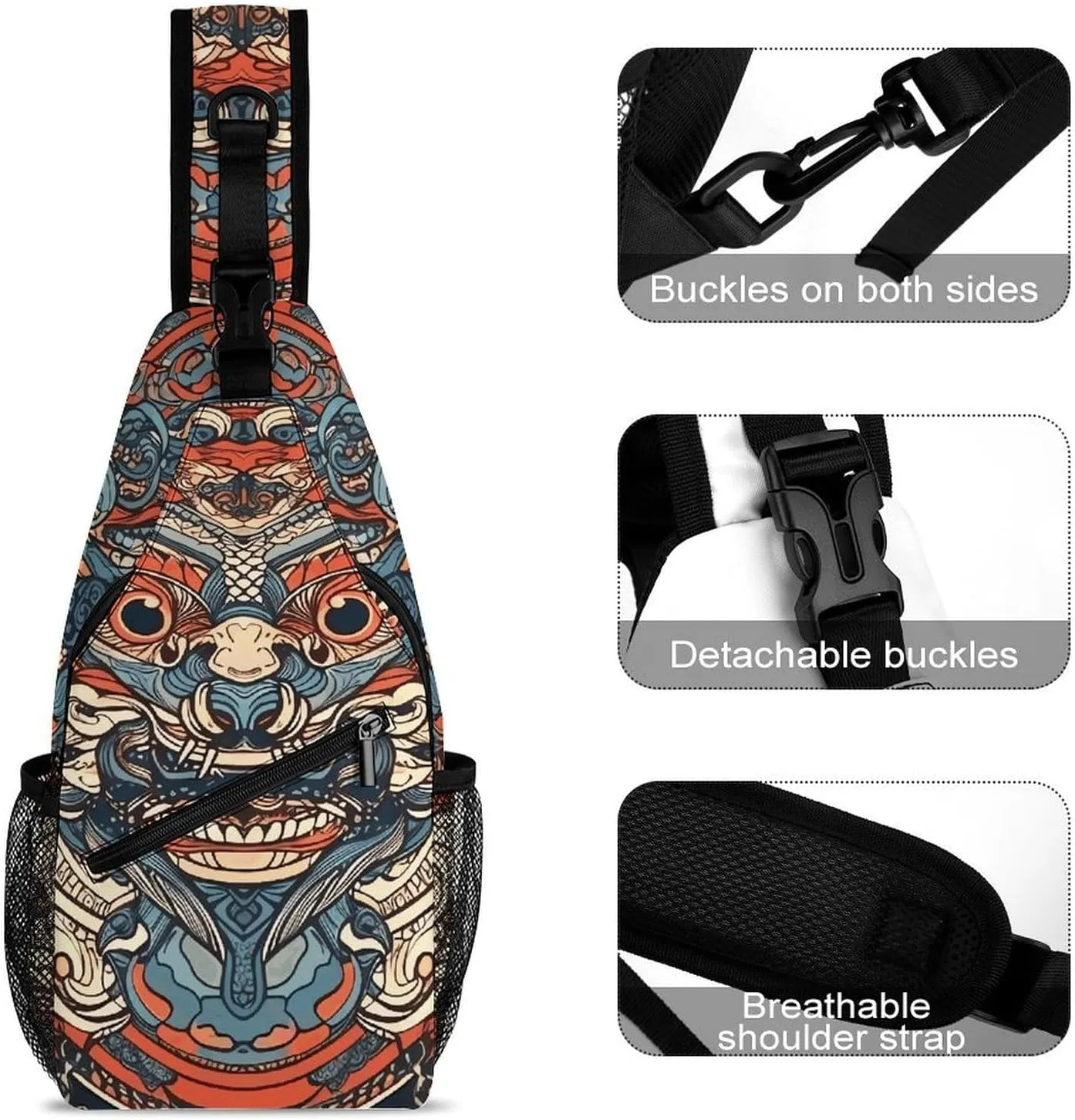 Sling Backpack Crossbody for Man Woman Asian Style Pattern Cross Body Adjustable Chest Bag