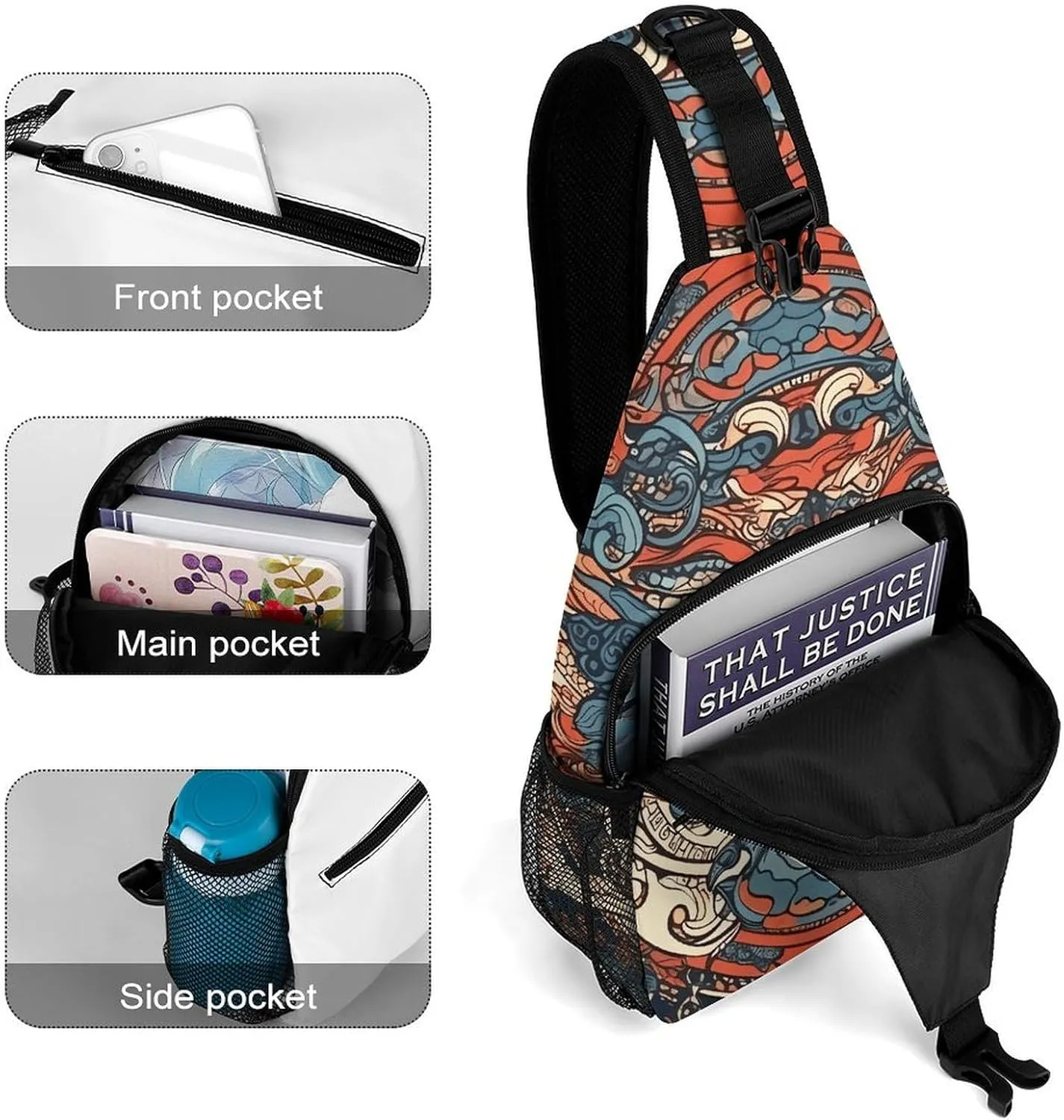 Sling Backpack Crossbody for Man Woman Asian Style Pattern Cross Body Adjustable Chest Bag