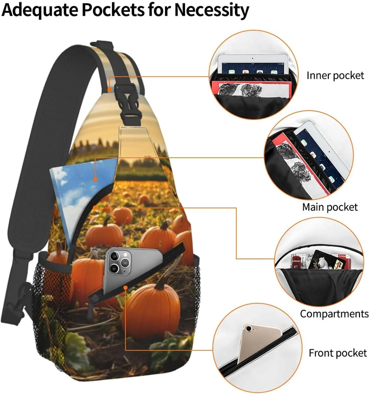 Sling Bag for Women Men Crossbody Bag Sling Backpack Pumpkins on the ground Cross Body Bag Adjustable Chest Bag