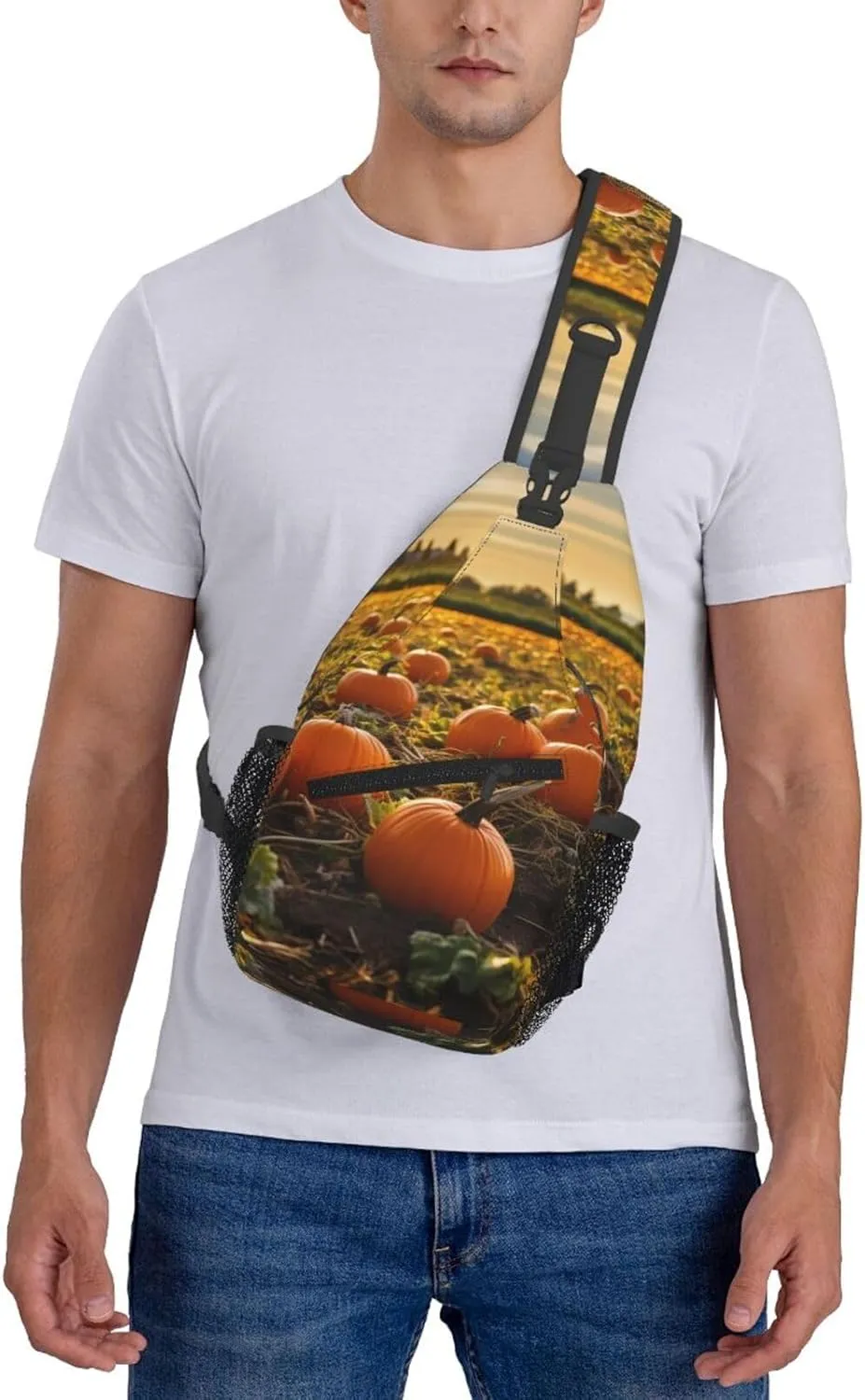 Sling Bag for Women Men Crossbody Bag Sling Backpack Pumpkins on the ground Cross Body Bag Adjustable Chest Bag