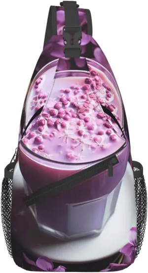 Sling Bag for Women Men Crossbody Bag Sling Backpack Purple Flowers Drink Cross Body Bag Adjustable Chest Bag