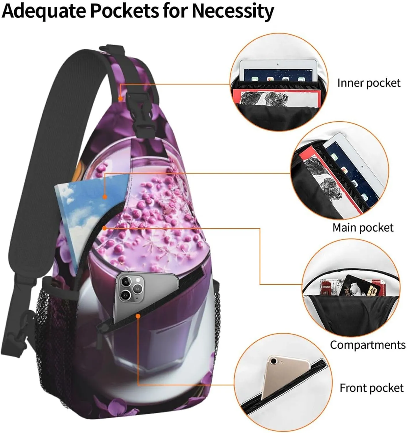 Sling Bag for Women Men Crossbody Bag Sling Backpack Purple Flowers Drink Cross Body Bag Adjustable Chest Bag