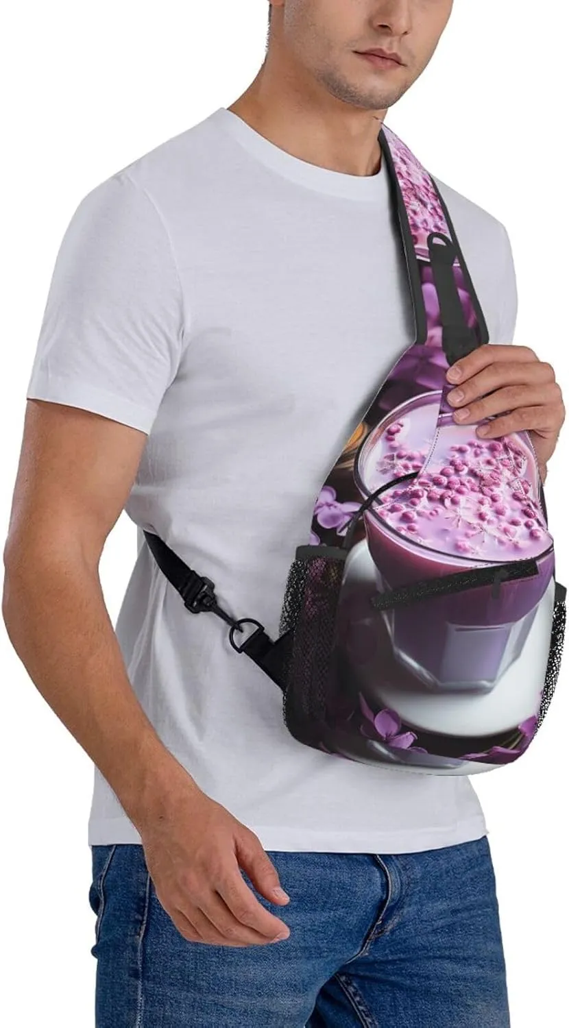 Sling Bag for Women Men Crossbody Bag Sling Backpack Purple Flowers Drink Cross Body Bag Adjustable Chest Bag