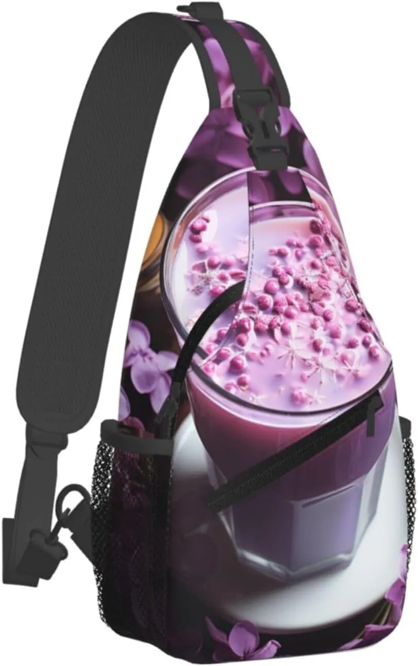 Sling Bag for Women Men Crossbody Bag Sling Backpack Purple Flowers Drink Cross Body Bag Adjustable Chest Bag
