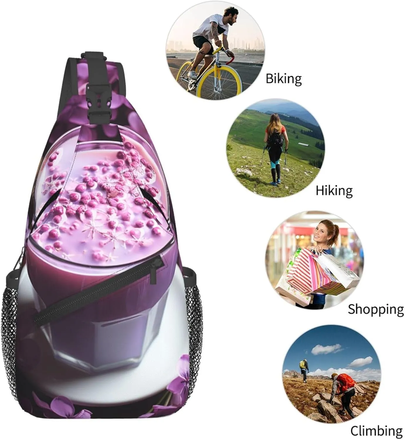 Sling Bag for Women Men Crossbody Bag Sling Backpack Purple Flowers Drink Cross Body Bag Adjustable Chest Bag