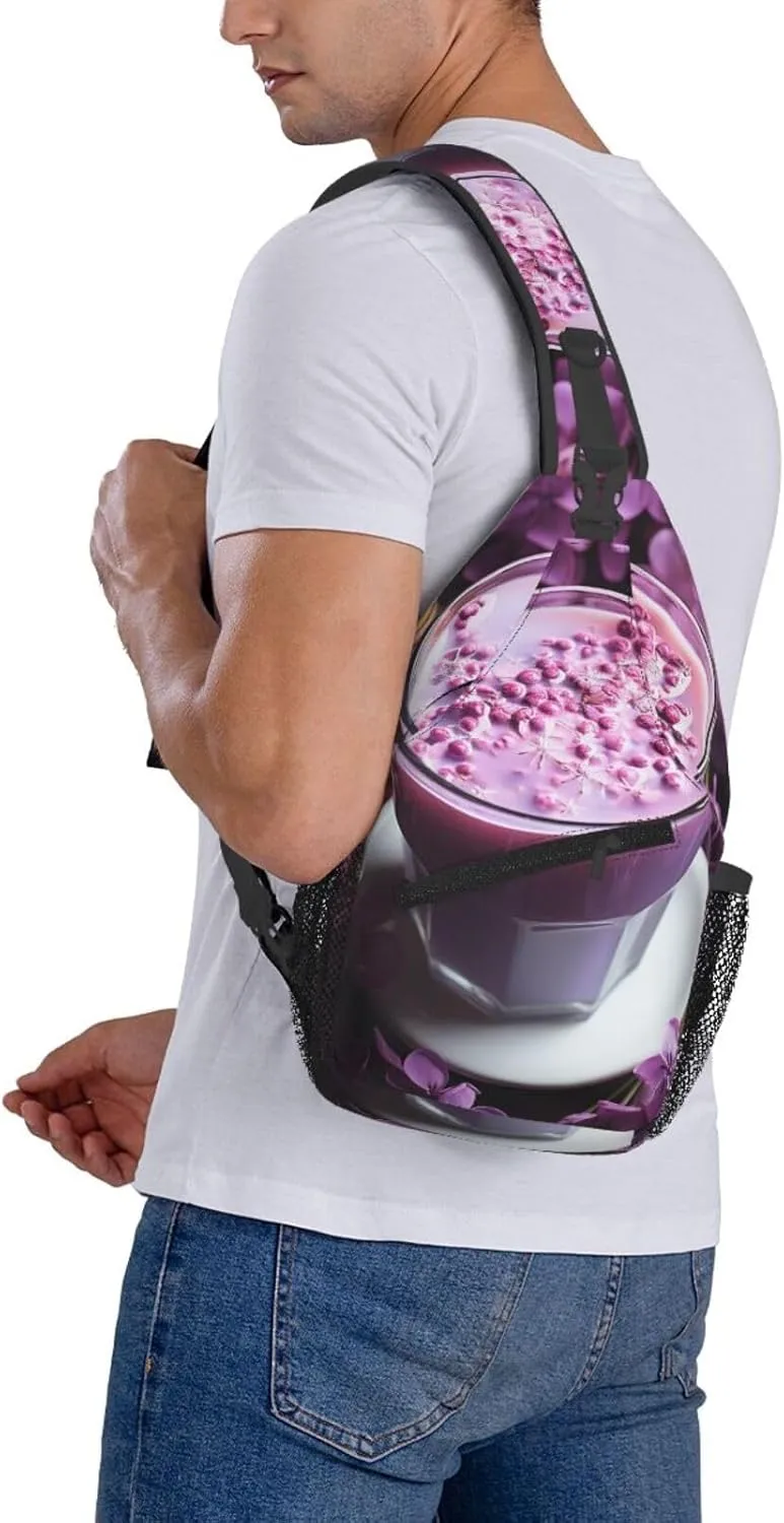 Sling Bag for Women Men Crossbody Bag Sling Backpack Purple Flowers Drink Cross Body Bag Adjustable Chest Bag
