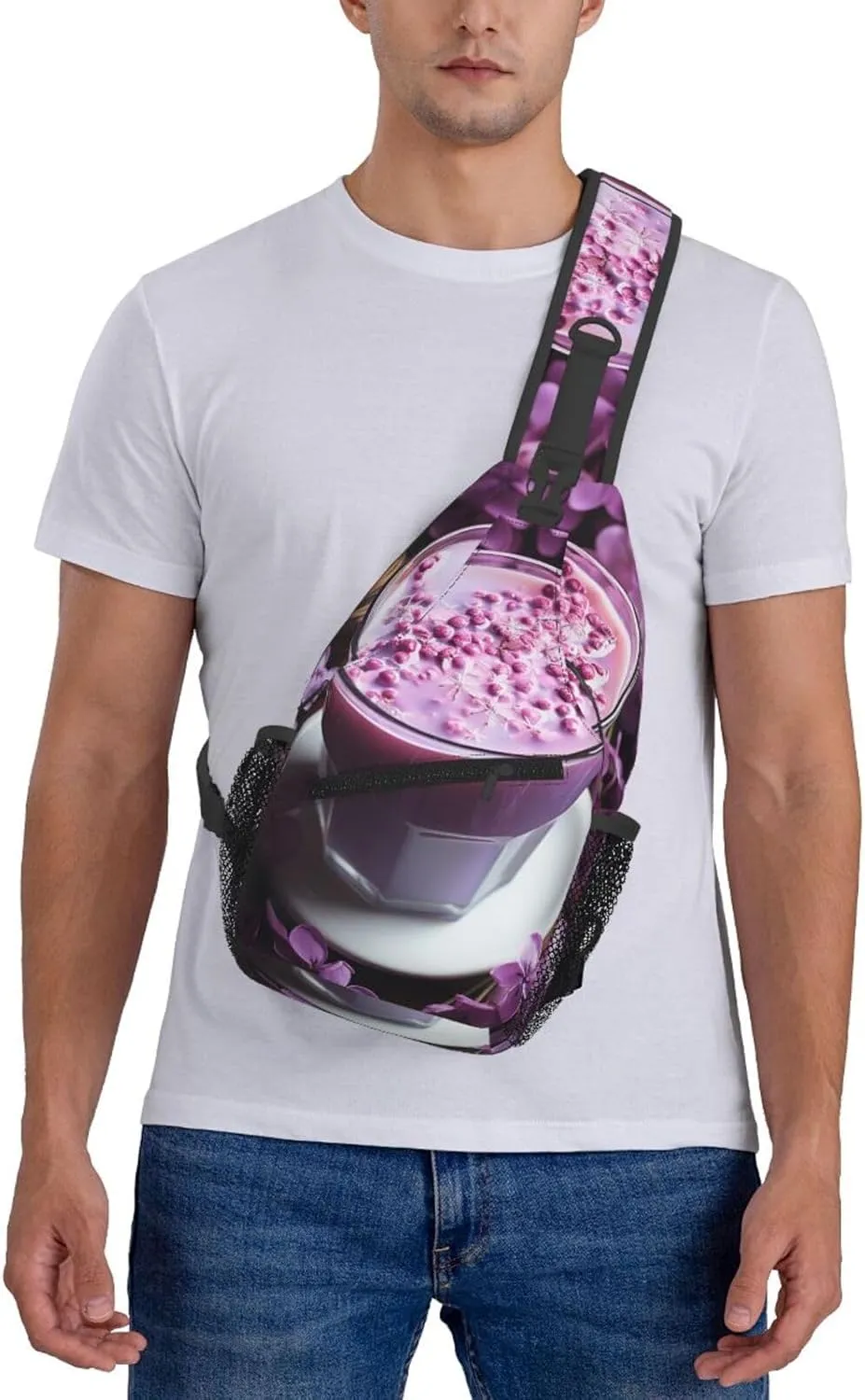 Sling Bag for Women Men Crossbody Bag Sling Backpack Purple Flowers Drink Cross Body Bag Adjustable Chest Bag