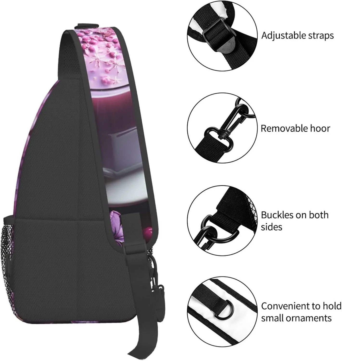 Sling Bag for Women Men Crossbody Bag Sling Backpack Purple Flowers Drink Cross Body Bag Adjustable Chest Bag