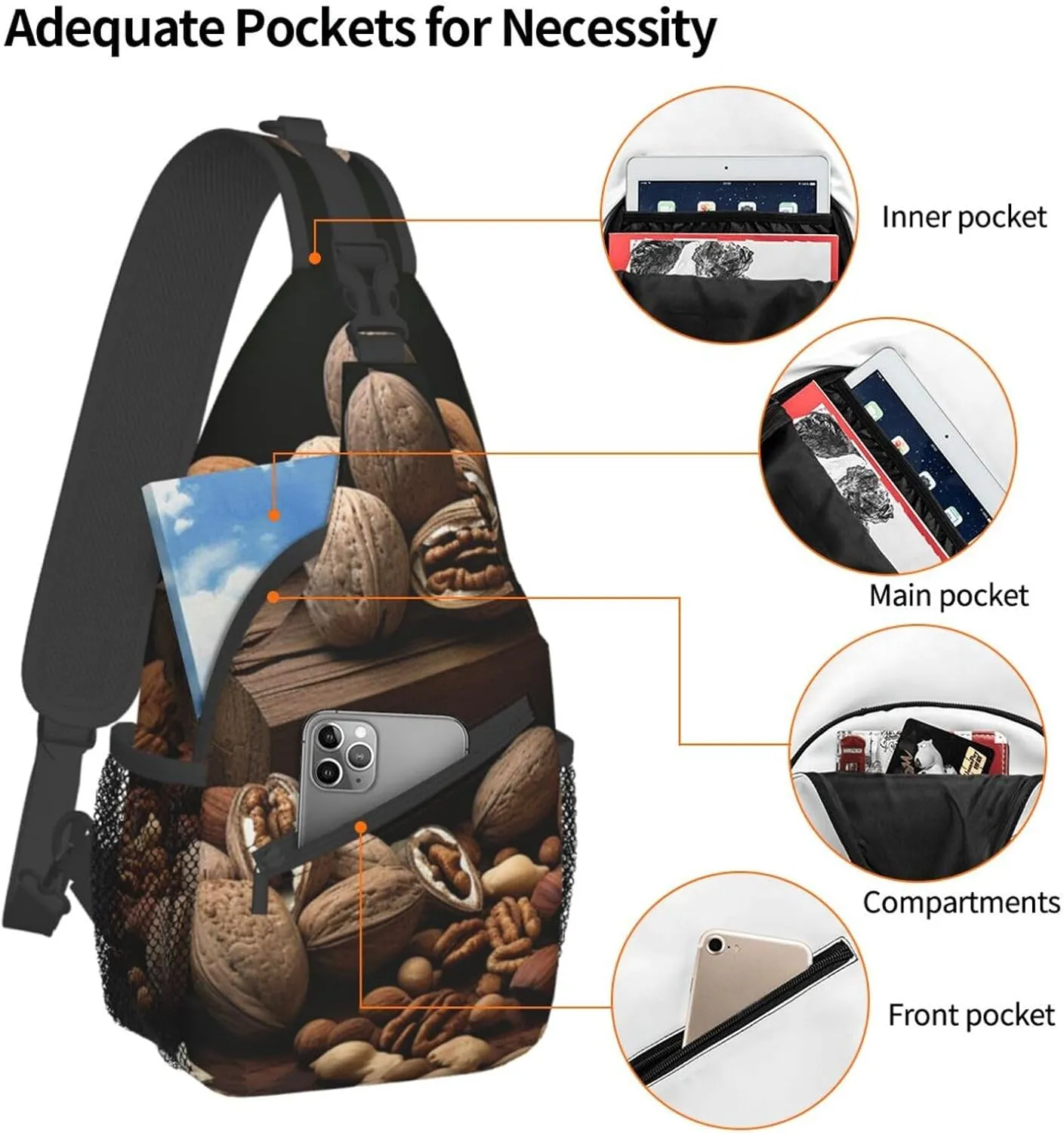 Sling Bag for Women Men Crossbody Bag Small Sling Backpack Various Nuts Chest Bag Hiking Daypack