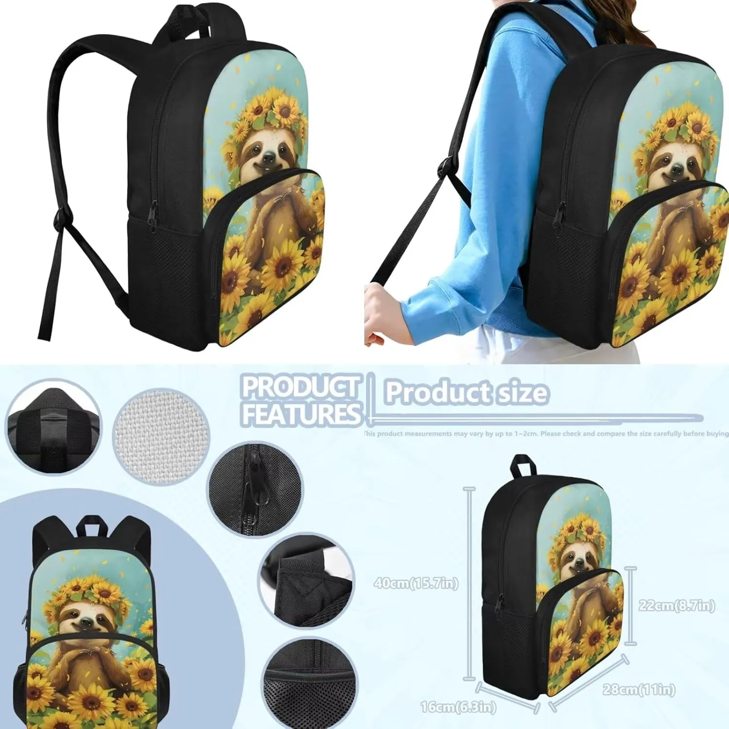 Sloth Backpack for School Girls 5th Grade Cute School Bags Set with Lunchbox Pencil Case 10-12 Kids Large Bookbag Elementary School Hiking Backpacks Daypack Mochilas Para NiñAs De 10 AñOs