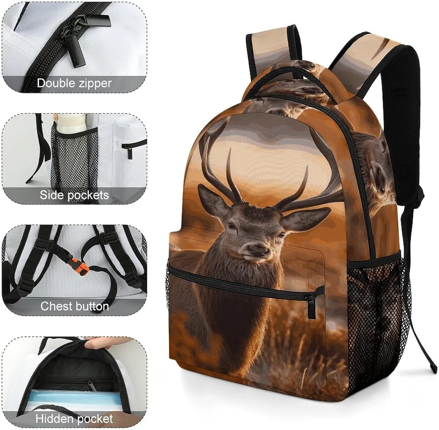 Small Backpacks Personalized Antler Red Deer Printing Travel Bag Lightweight Travel Backpack For Women Men