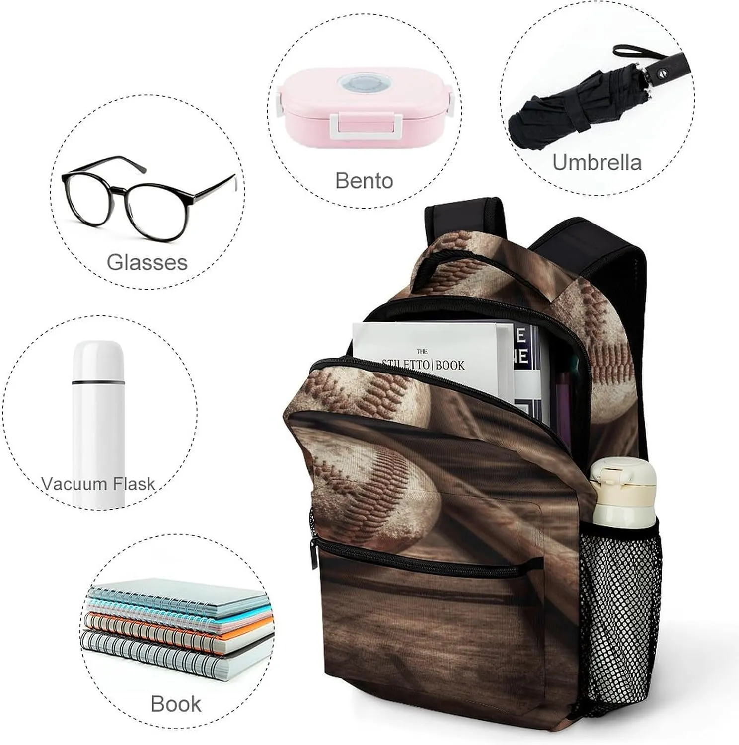 Small Backpacks Personalized Baseball on Wooden Printing Travel Bag Lightweight Travel Backpack For Women Men