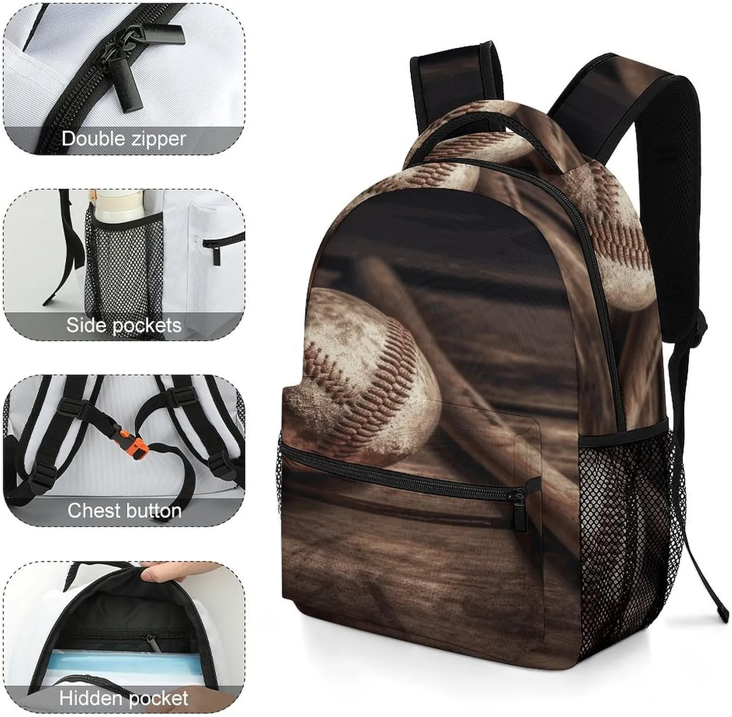 Small Backpacks Personalized Baseball on Wooden Printing Travel Bag Lightweight Travel Backpack For Women Men