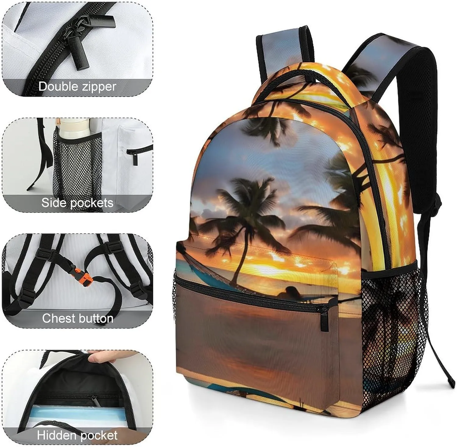 Small Backpacks Personalized Beach Sunset Hammock Printing Travel Bag Lightweight Travel Backpack For Women Men