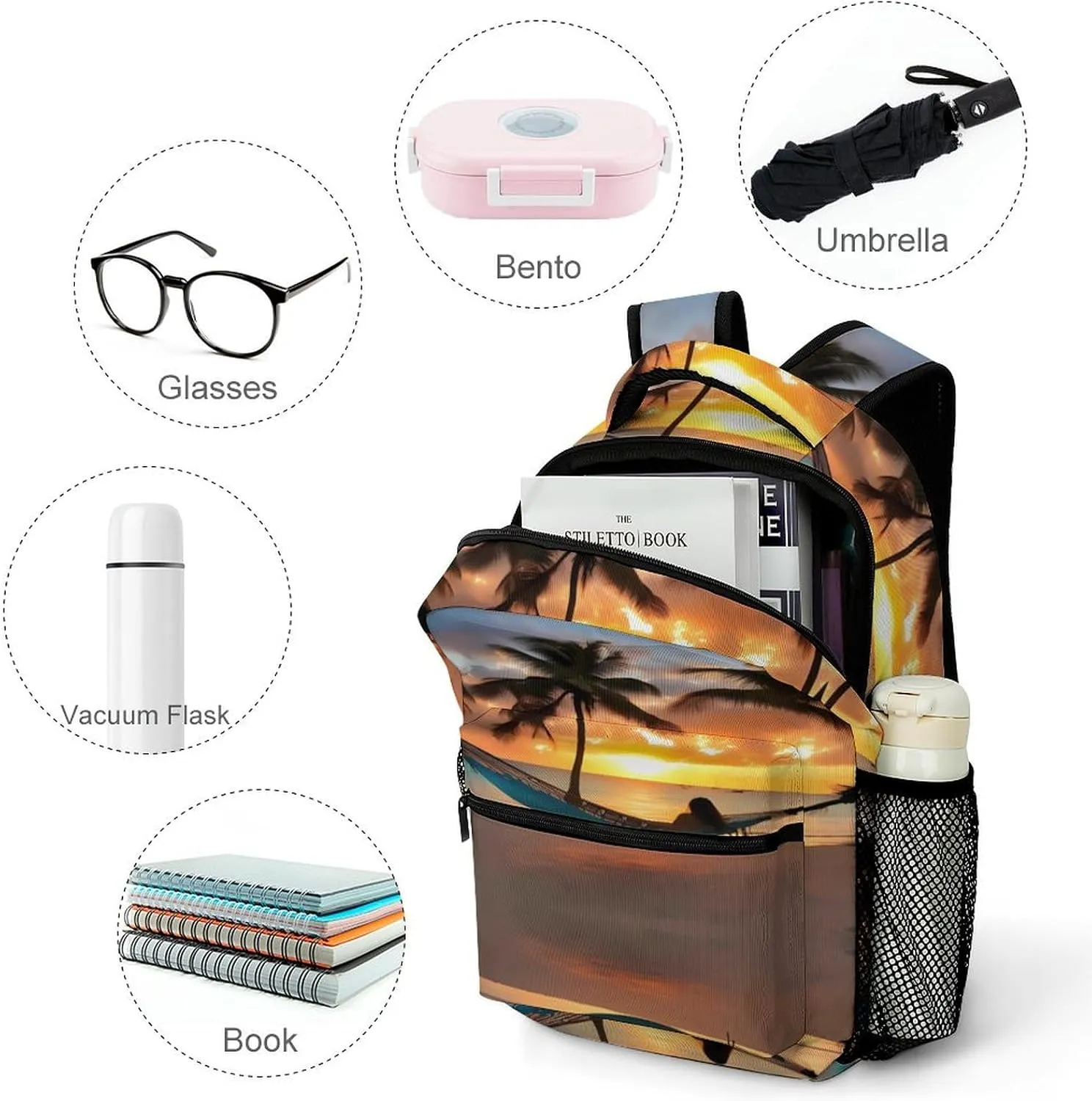 Small Backpacks Personalized Beach Sunset Hammock Printing Travel Bag Lightweight Travel Backpack For Women Men