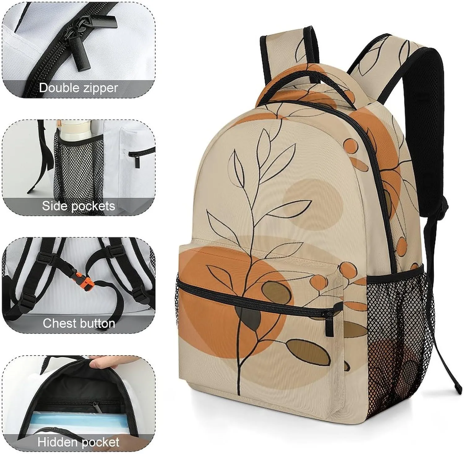 Small Backpacks Personalized Beige Plant Pattern Printing Travel Bag Lightweight Travel Backpack For Women Men