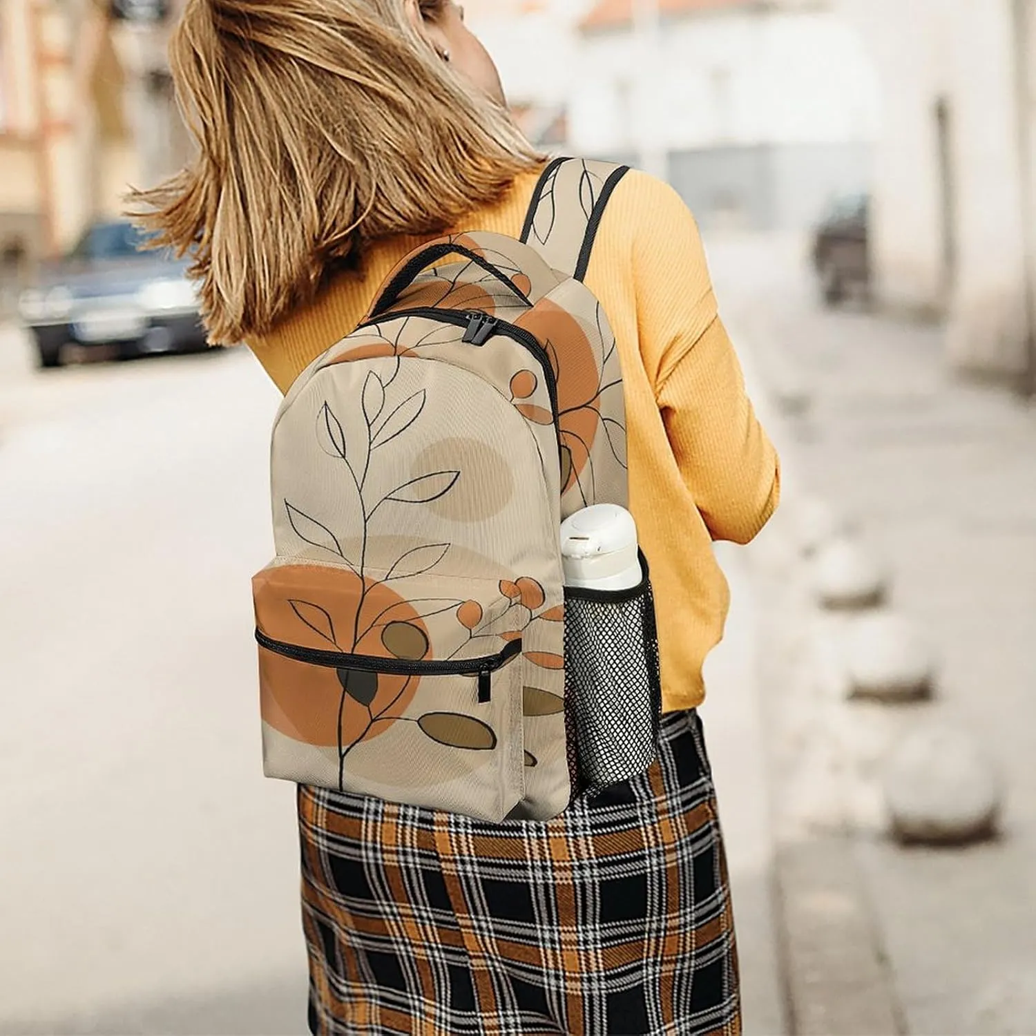 Small Backpacks Personalized Beige Plant Pattern Printing Travel Bag Lightweight Travel Backpack For Women Men