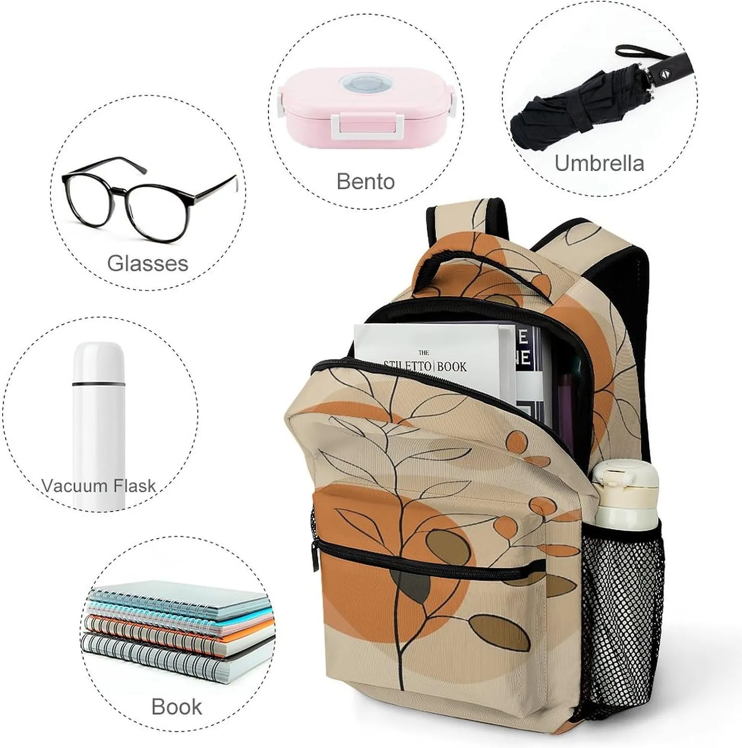 Small Backpacks Personalized Beige Plant Pattern Printing Travel Bag Lightweight Travel Backpack For Women Men