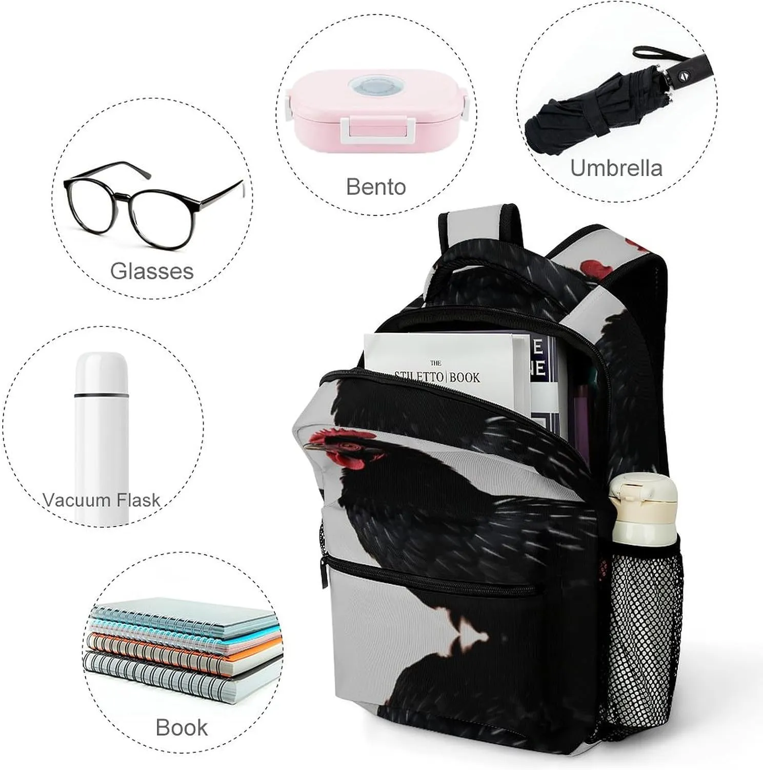 Small Backpacks Personalized Black Chicken Printing Travel Bag Lightweight Travel Backpack For Women Men
