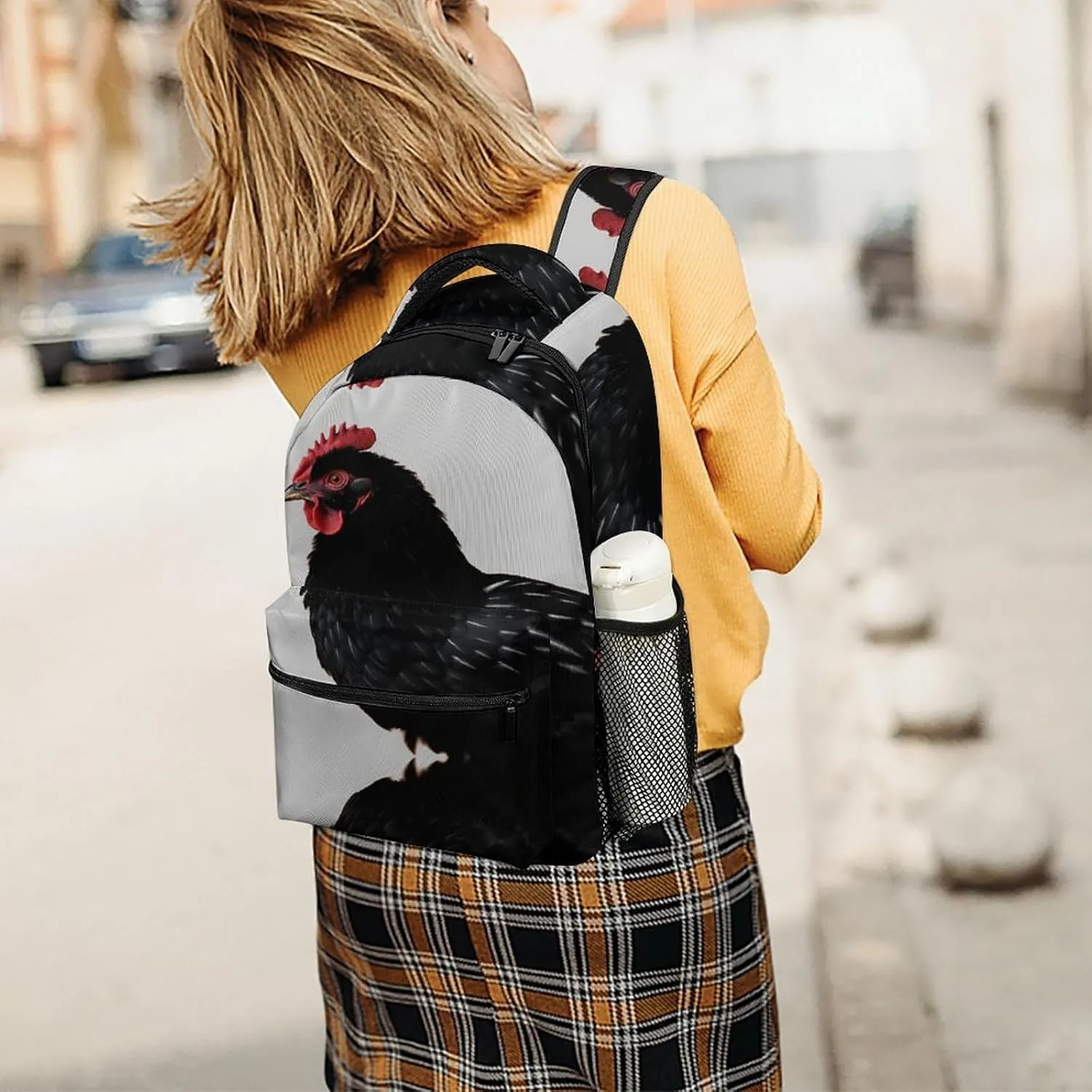 Small Backpacks Personalized Black Chicken Printing Travel Bag Lightweight Travel Backpack For Women Men