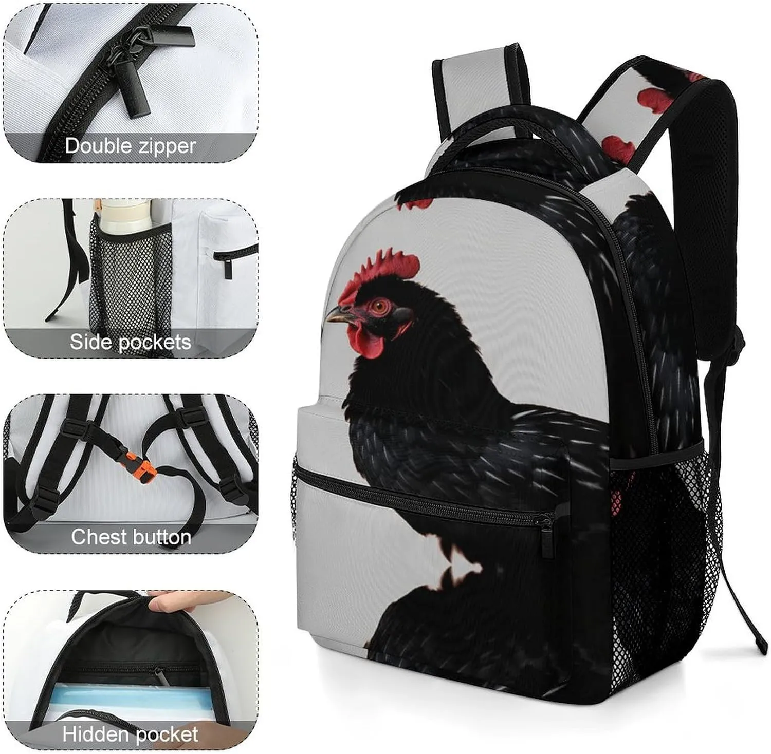 Small Backpacks Personalized Black Chicken Printing Travel Bag Lightweight Travel Backpack For Women Men