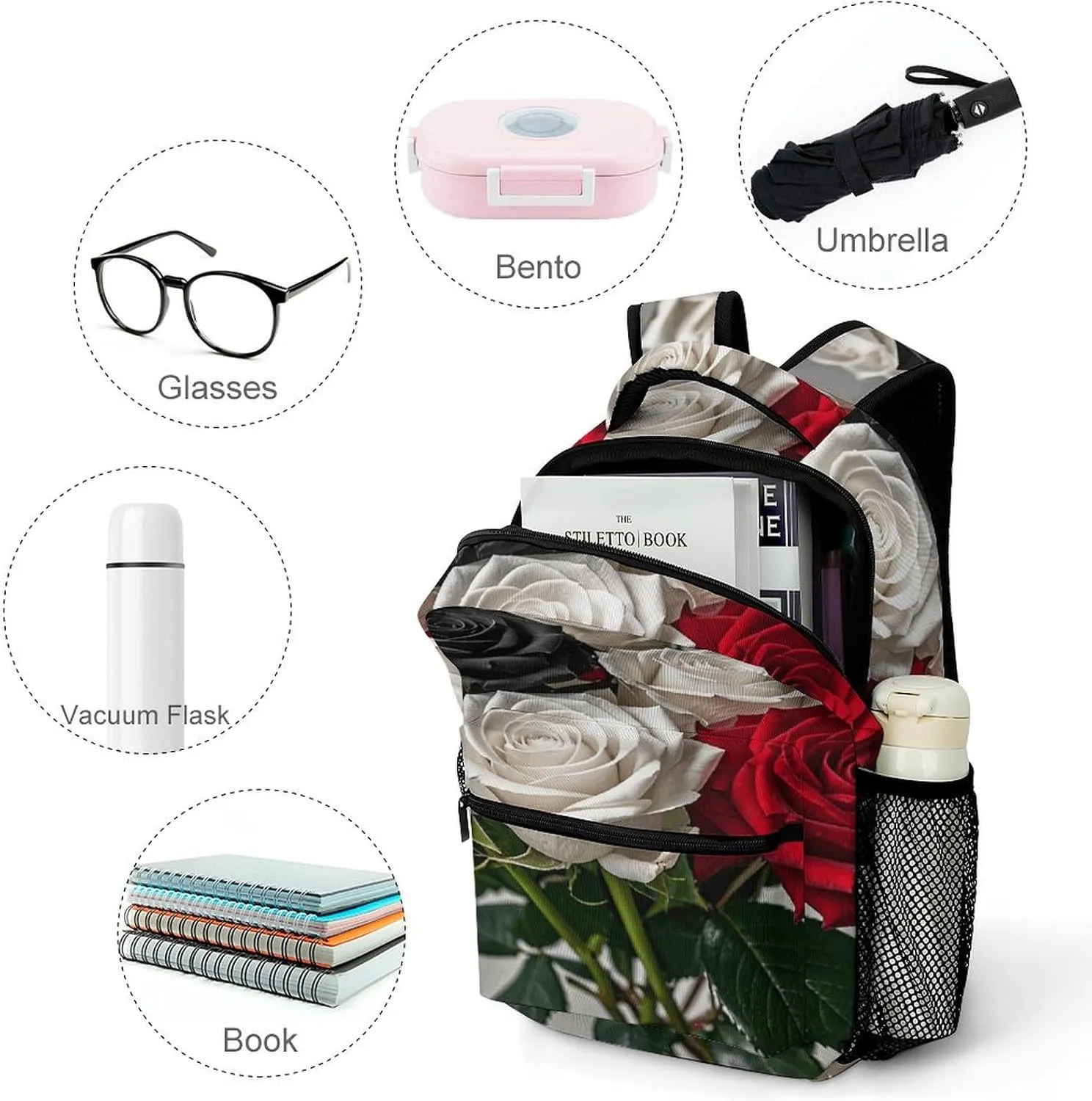 Small Backpacks Personalized Black White And Red Roses Printing Travel Bag Lightweight Travel Backpack For Women Men