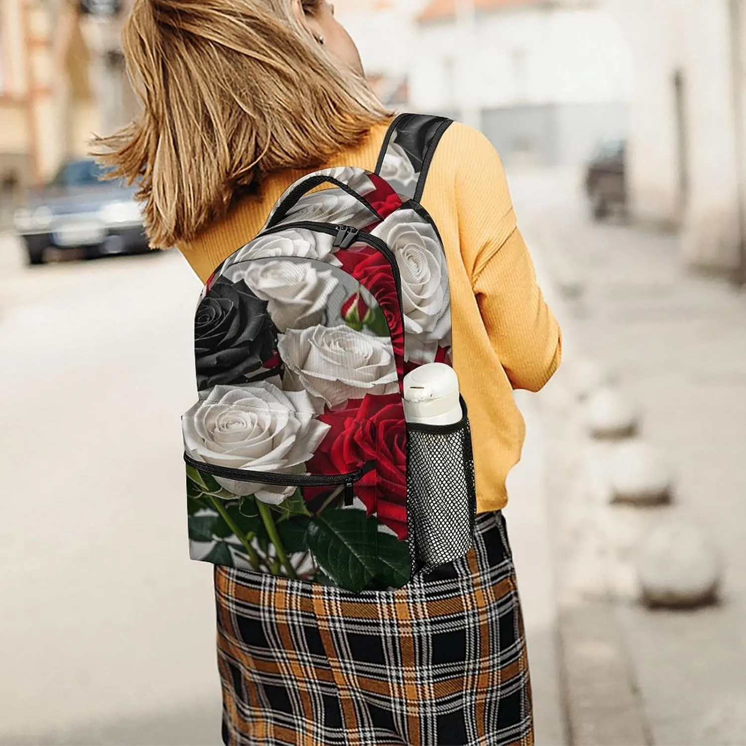 Small Backpacks Personalized Black White And Red Roses Printing Travel Bag Lightweight Travel Backpack For Women Men