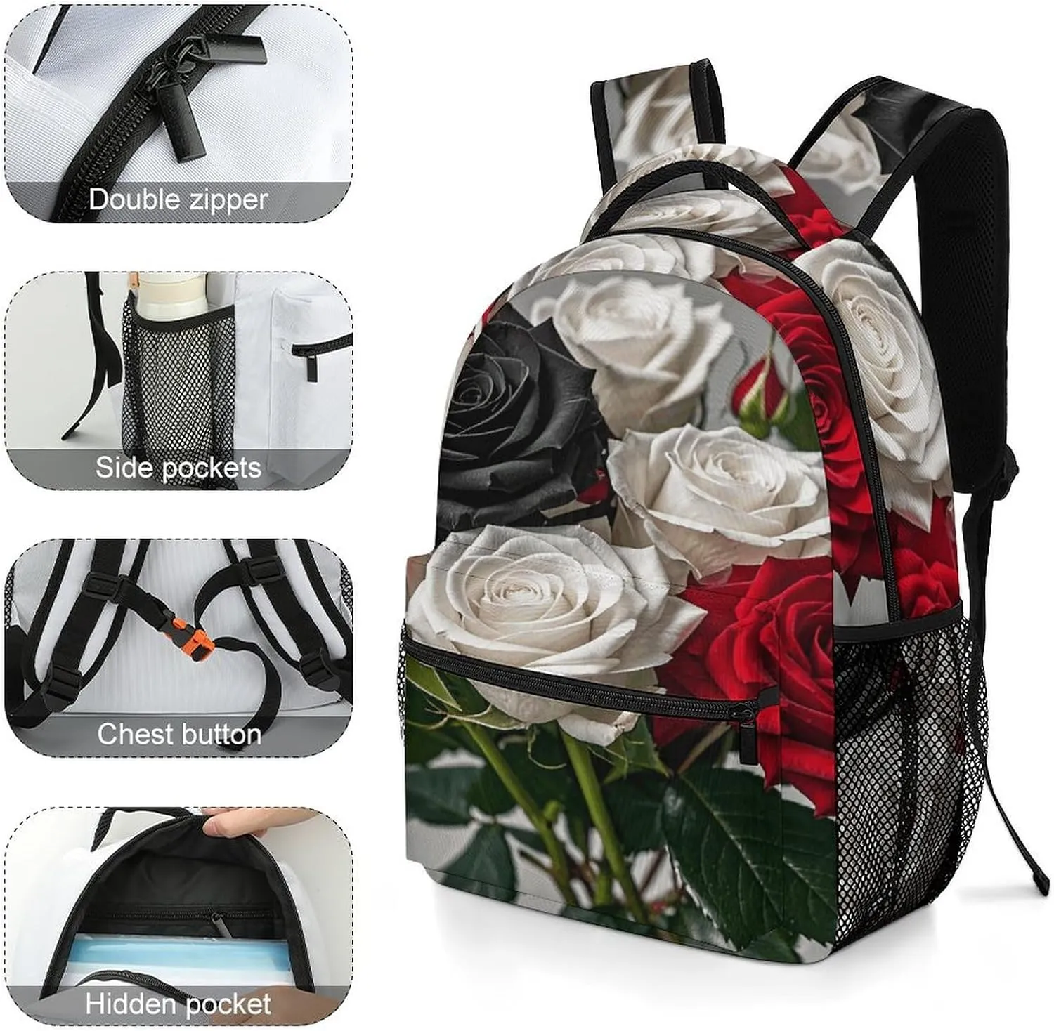 Small Backpacks Personalized Black White And Red Roses Printing Travel Bag Lightweight Travel Backpack For Women Men