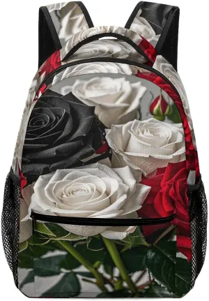Small Backpacks Personalized Black White And Red Roses Printing Travel Bag Lightweight Travel Backpack For Women Men