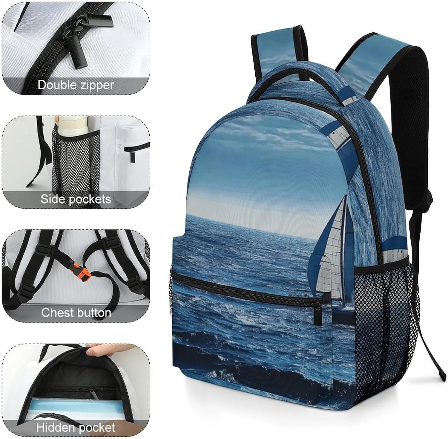 Small Backpacks Personalized Blue Sea Sailboat Printing Travel Bag Lightweight Travel Backpack For Women Men