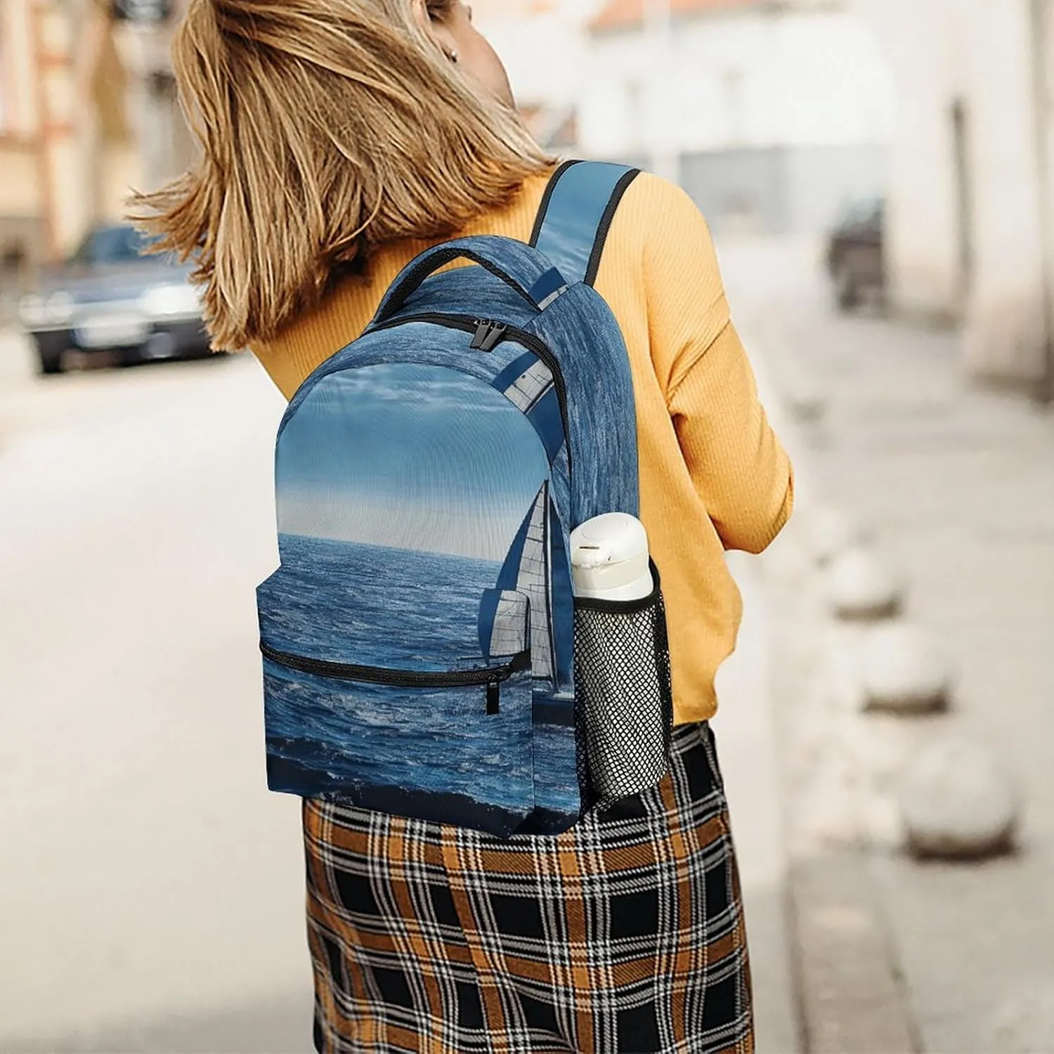 Small Backpacks Personalized Blue Sea Sailboat Printing Travel Bag Lightweight Travel Backpack For Women Men
