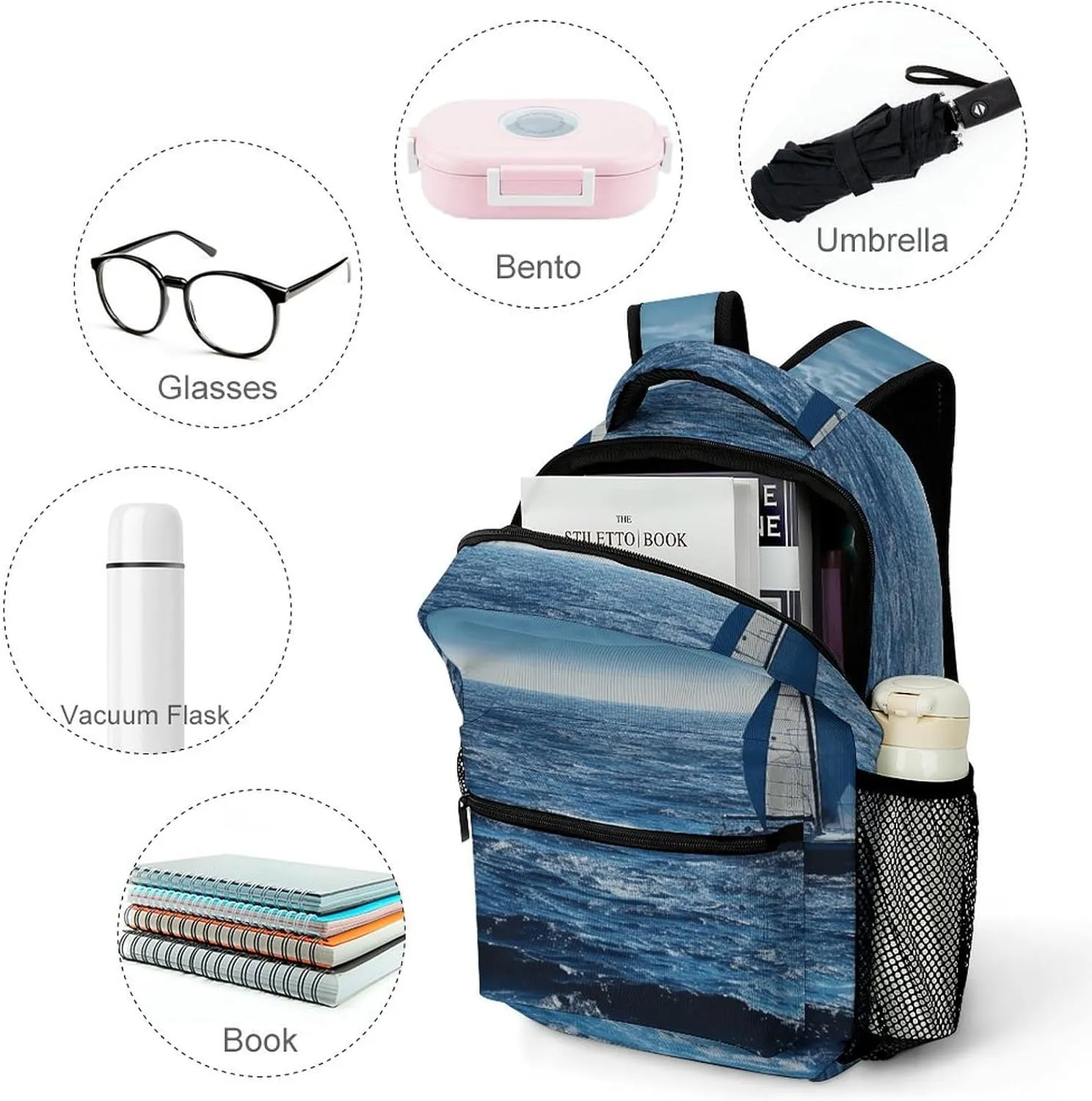 Small Backpacks Personalized Blue Sea Sailboat Printing Travel Bag Lightweight Travel Backpack For Women Men