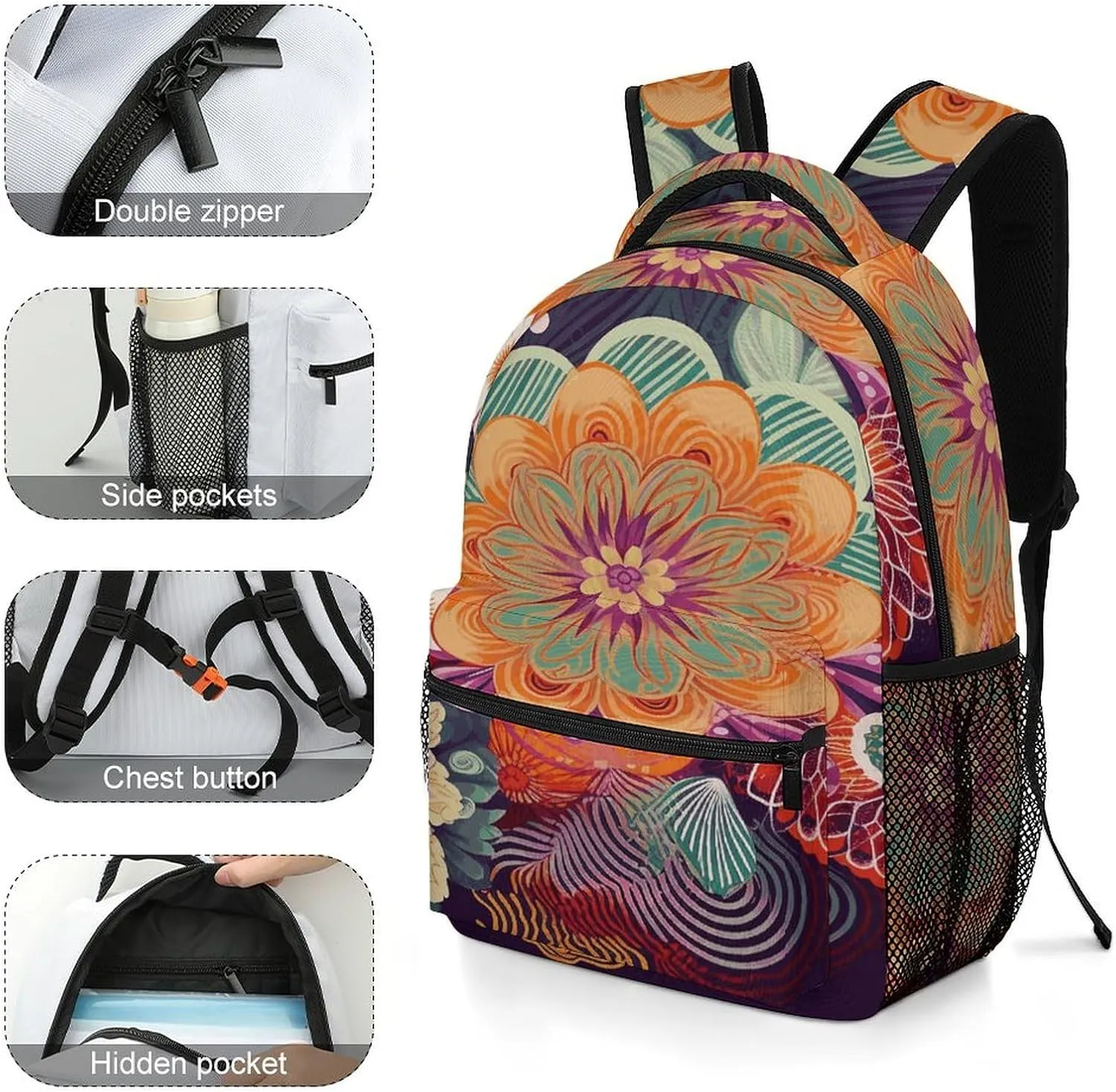 Small Backpacks Personalized Bohemian Colored Flower Printing Travel Bag Lightweight Travel Backpack For Women Men