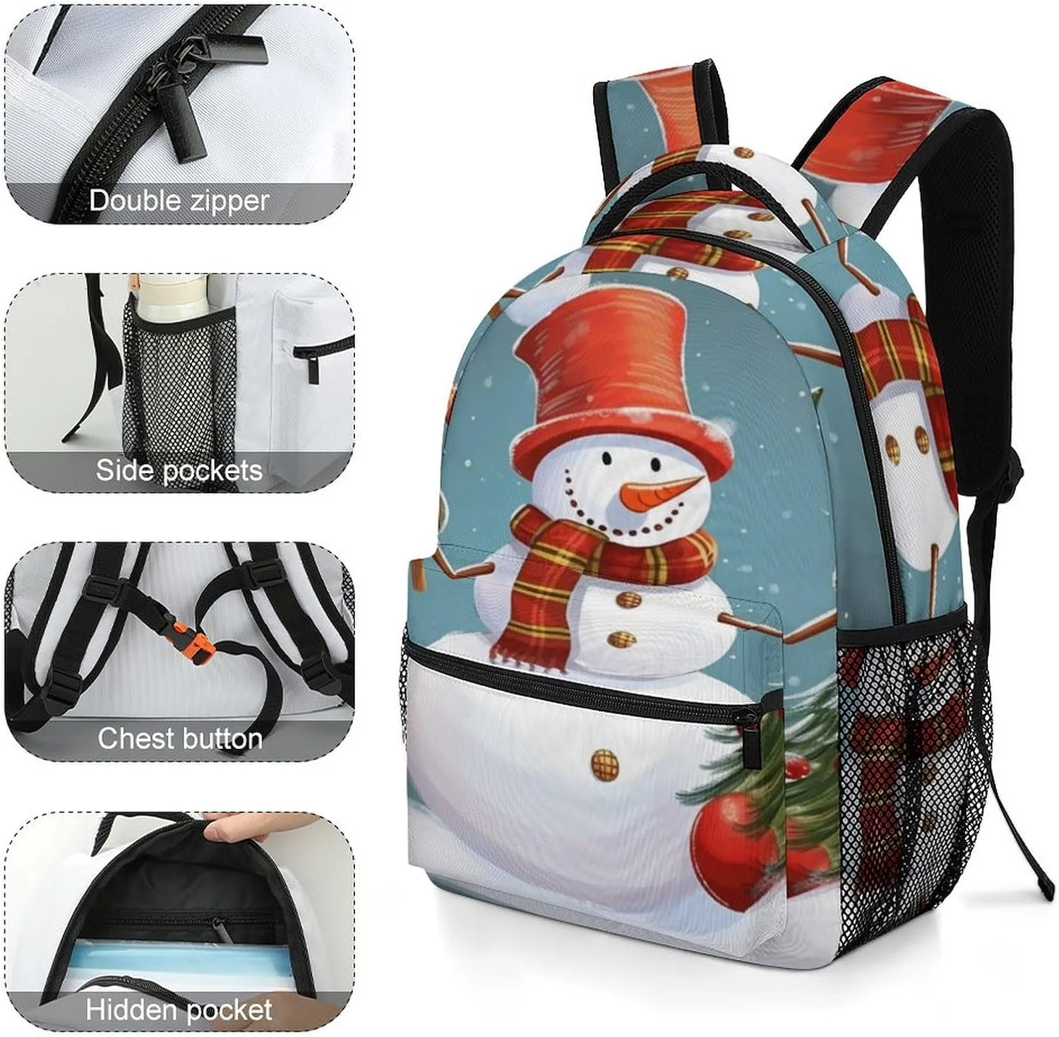 Small Backpacks Personalized Christmas Snowman Printing Travel Bag Lightweight Travel Backpack For Women Men