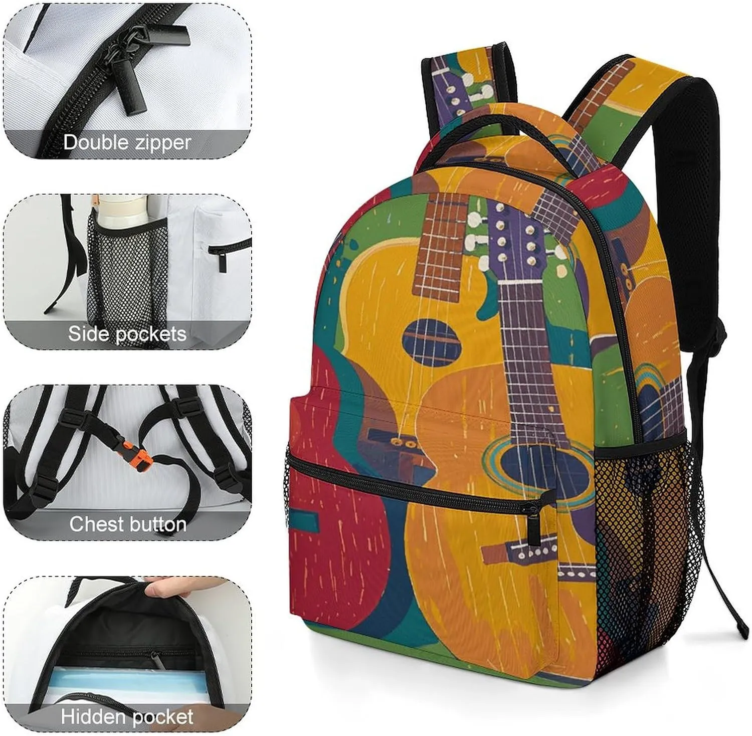 Small Backpacks Personalized Color Acoustic And Guitars Printing Travel Bag Lightweight Travel Backpack For Women Men