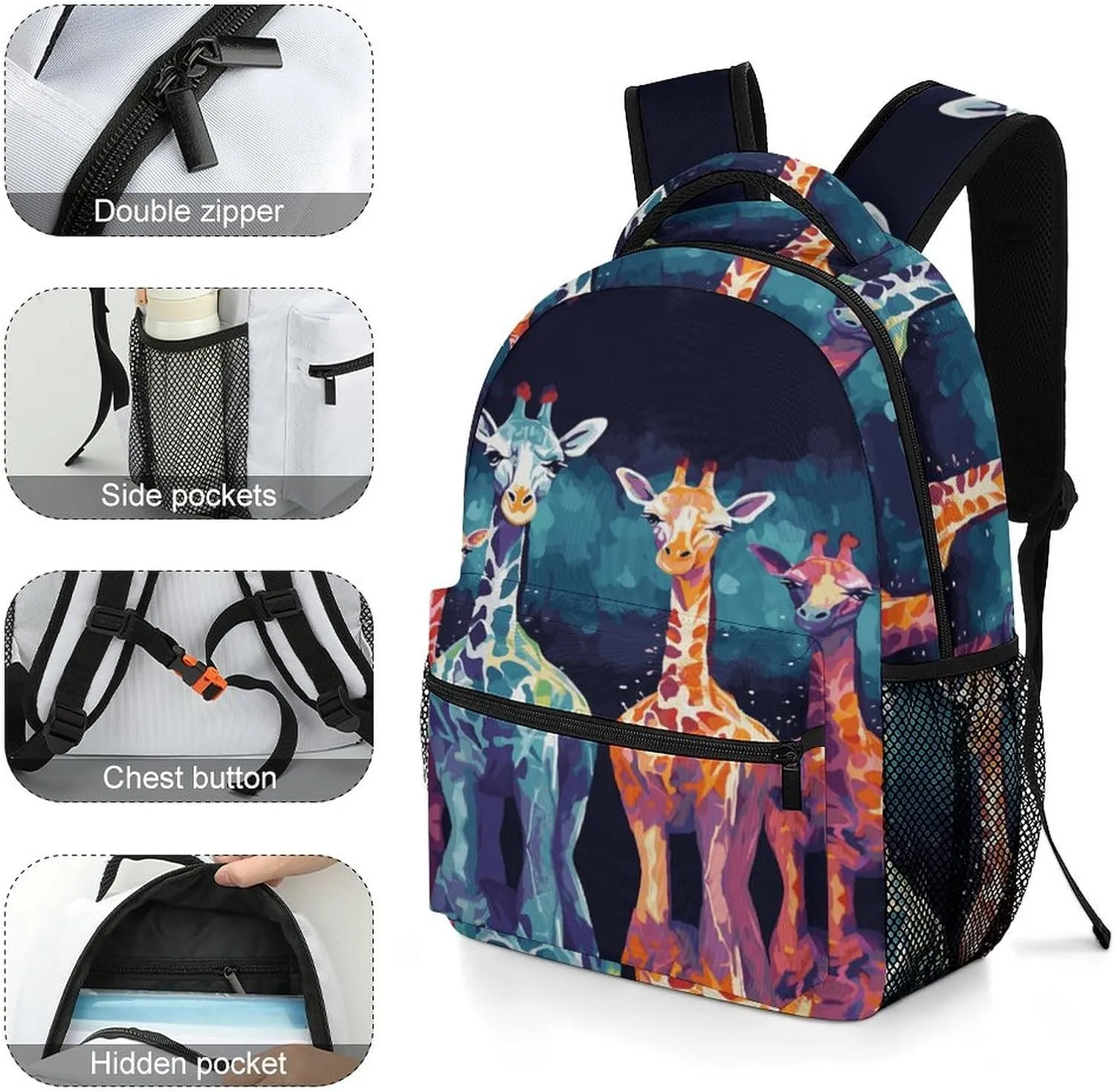 Small Backpacks Personalized Colorful Giraffe Fans Lovers Printing Travel Bag Lightweight Travel Backpack For Women Men