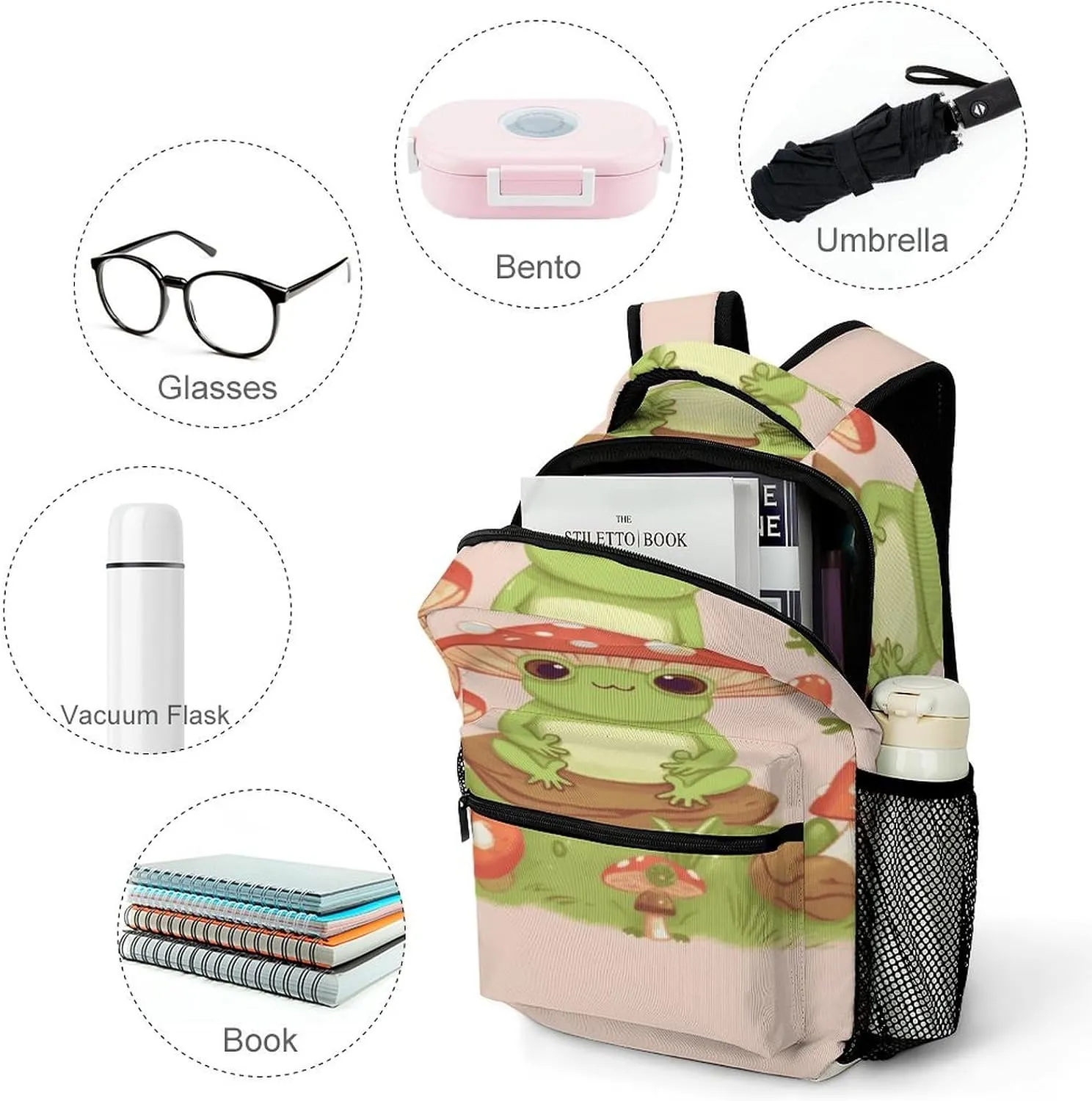 Small Backpacks Personalized Cute Frogs And Mushrooms Printing Travel Bag Lightweight Travel Backpack For Women Men