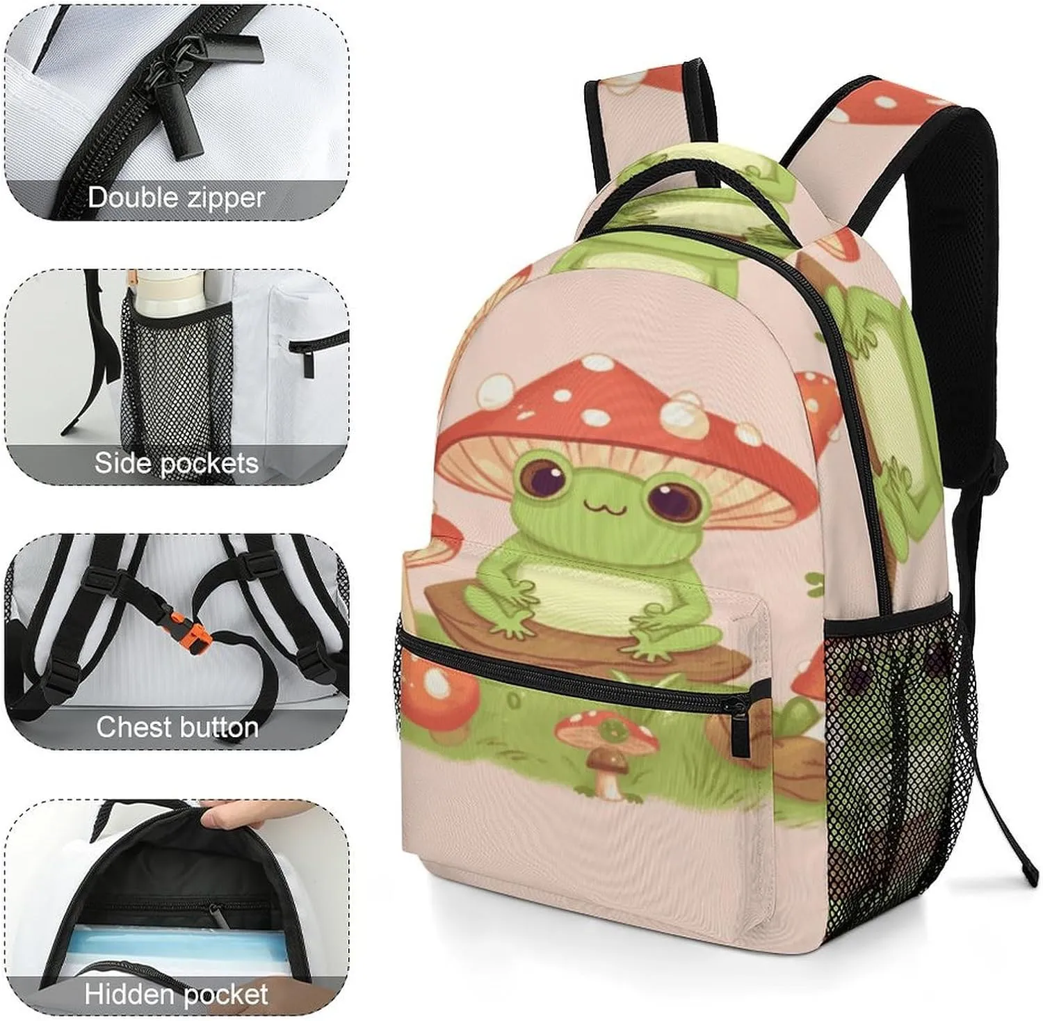 Small Backpacks Personalized Cute Frogs And Mushrooms Printing Travel Bag Lightweight Travel Backpack For Women Men