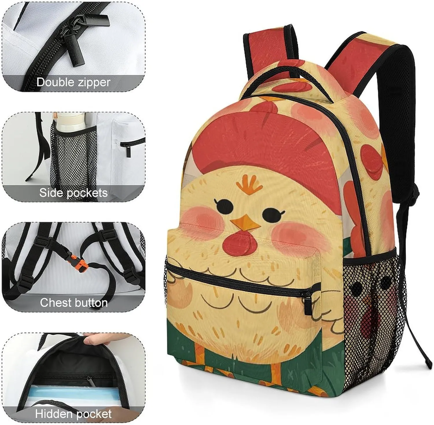 Small Backpacks Personalized Cute Rooster Chickens Printing Travel Bag Lightweight Travel Backpack For Women Men