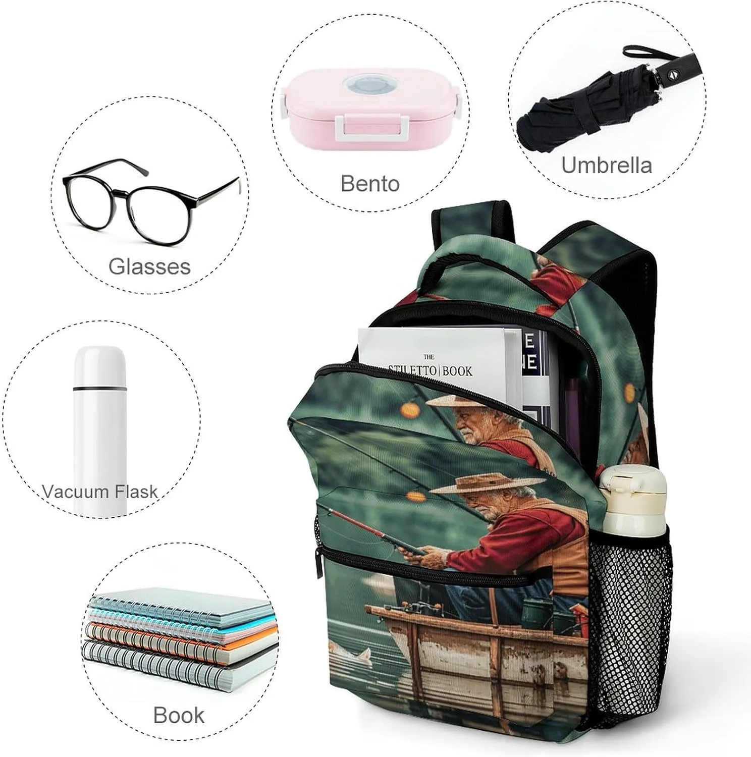 Small Backpacks Personalized Fishing Lake Fishermen Printing Travel Bag Lightweight Travel Backpack For Women Men
