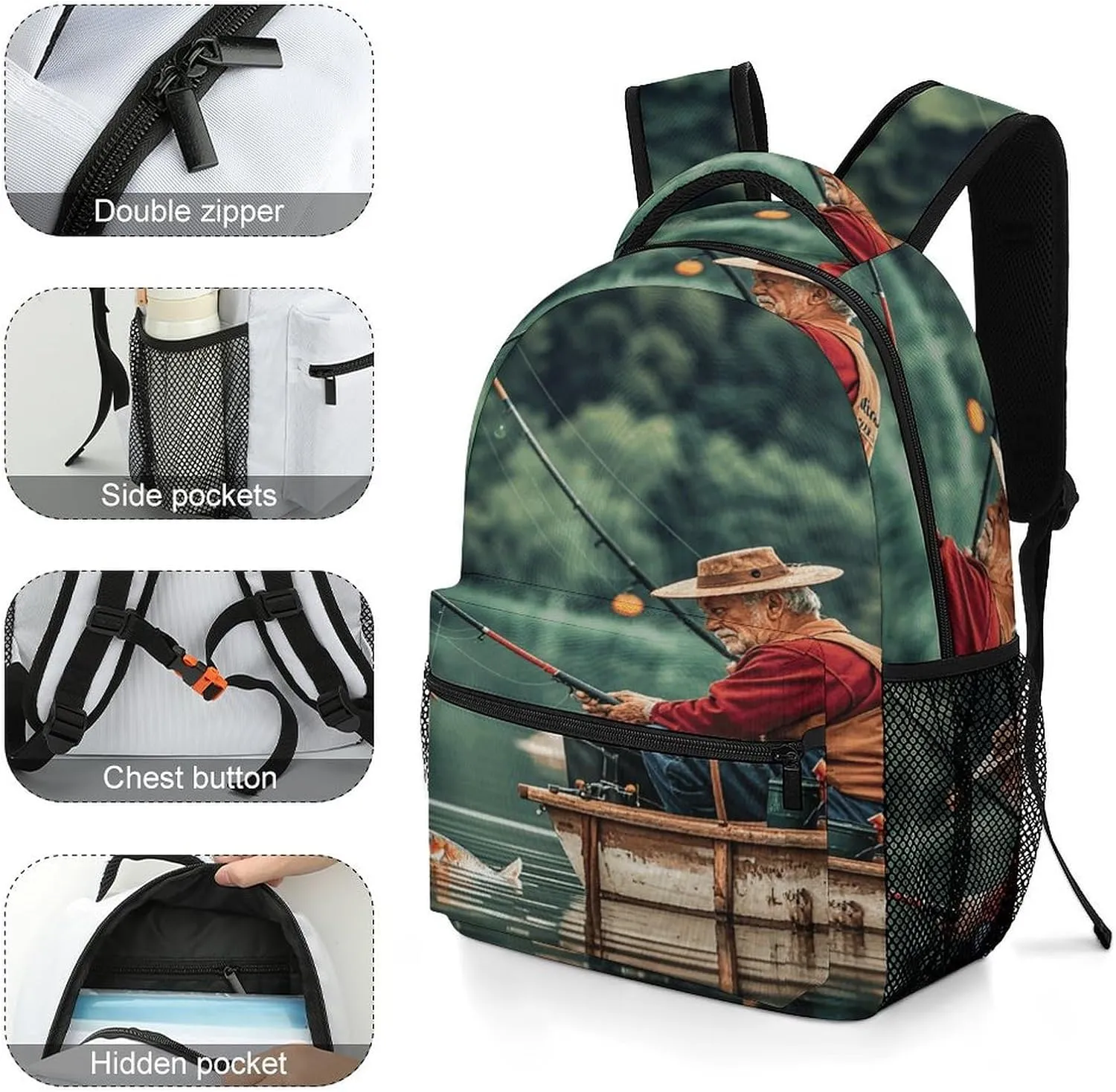 Small Backpacks Personalized Fishing Lake Fishermen Printing Travel Bag Lightweight Travel Backpack For Women Men