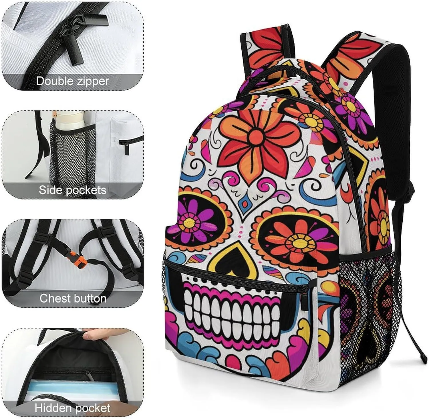 Small Backpacks Personalized Flower Skull Printing Travel Bag Lightweight Travel Backpack For Women Men