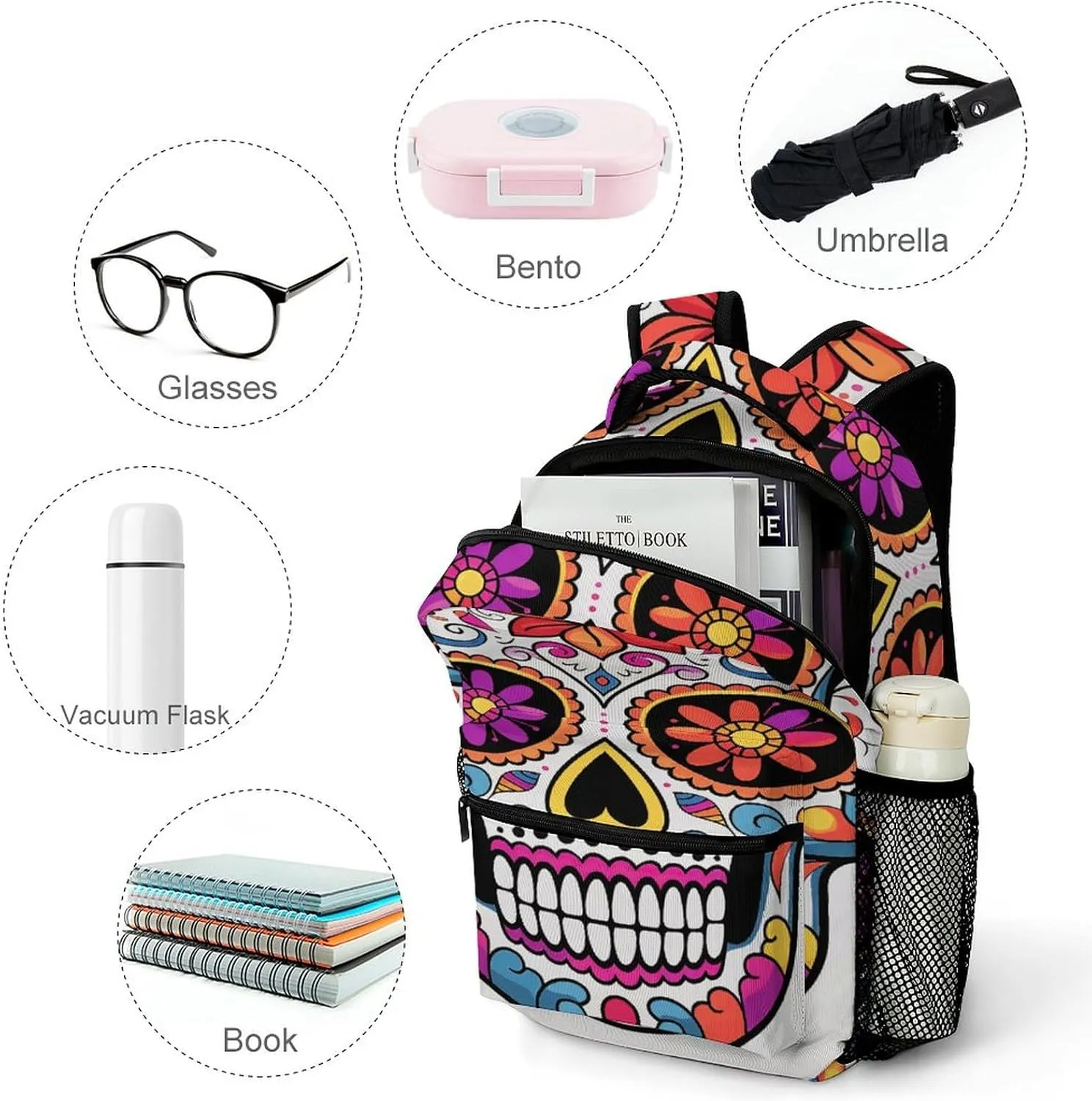 Small Backpacks Personalized Flower Skull Printing Travel Bag Lightweight Travel Backpack For Women Men