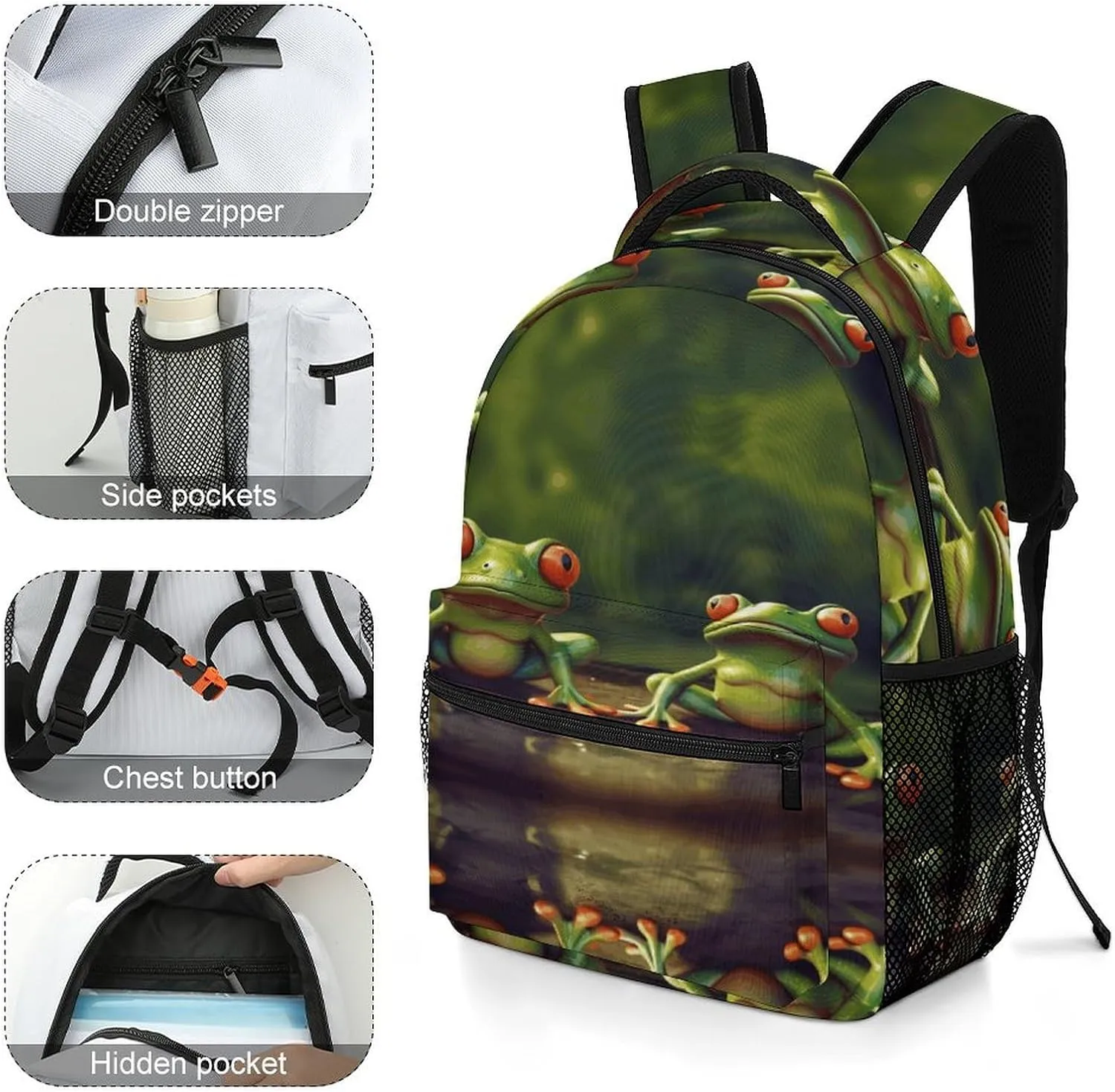 Small Backpacks Personalized Funny Green Frogs Printing Travel Bag Lightweight Travel Backpack For Women Men