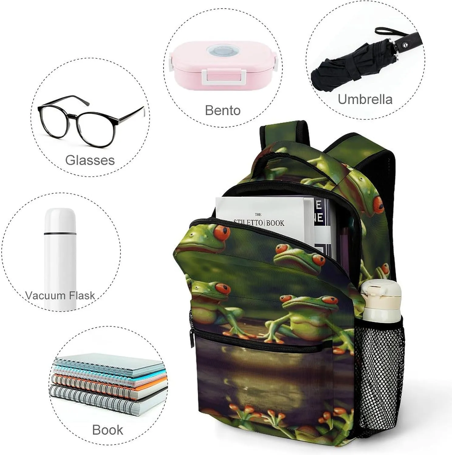 Small Backpacks Personalized Funny Green Frogs Printing Travel Bag Lightweight Travel Backpack For Women Men