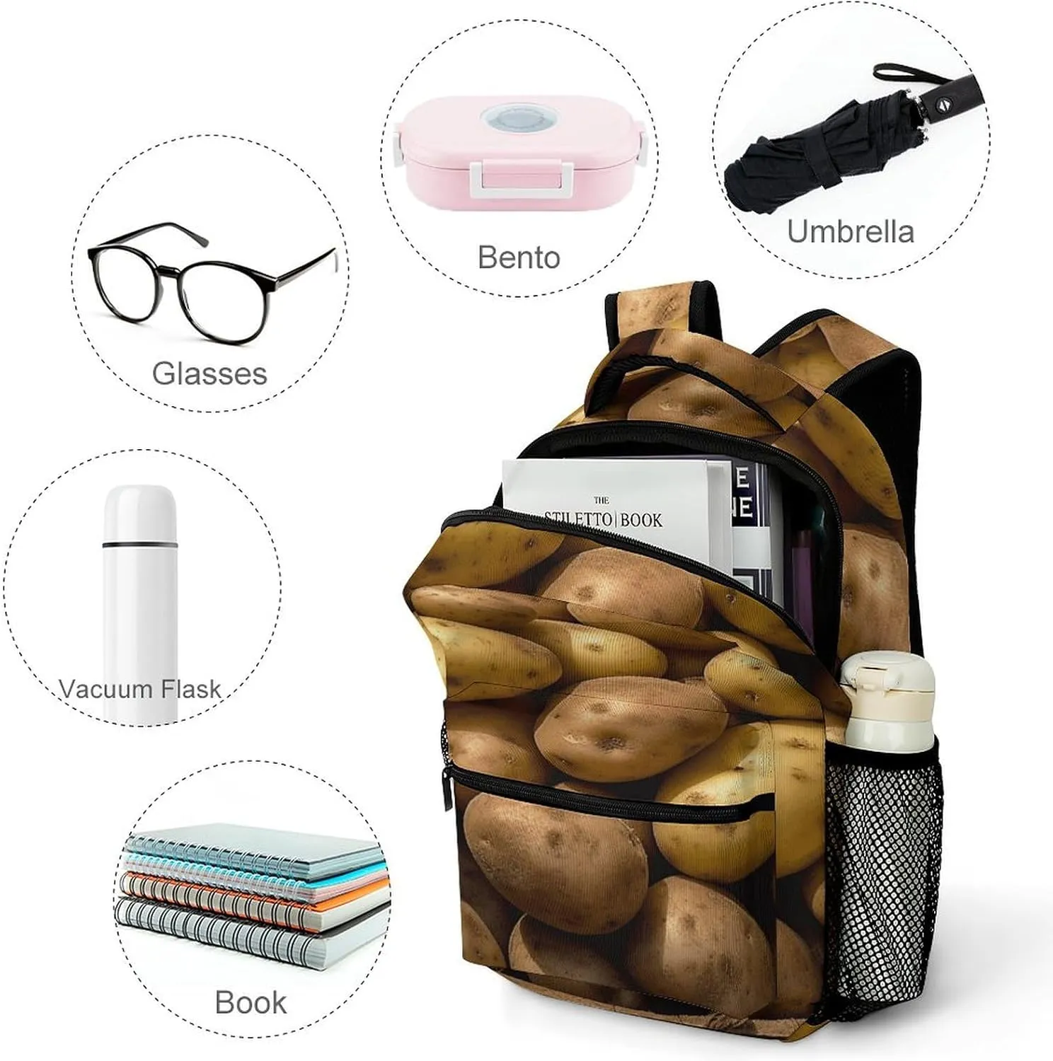 Small Backpacks Personalized Garden Potatoes Printing Travel Bag Lightweight Travel Backpack For Women Men